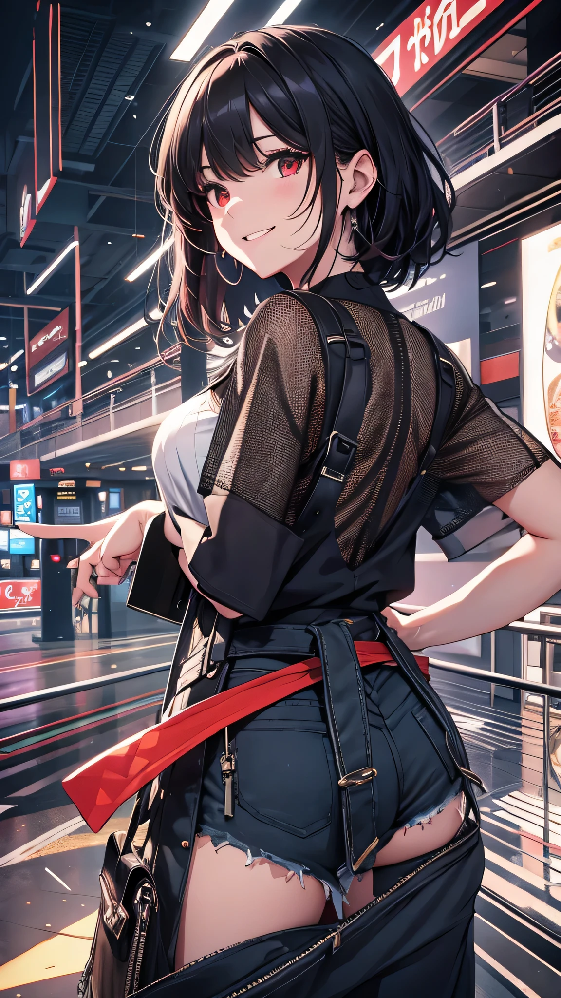 最high quality、Best image quality、masterpiece、girl((18-year-old、 By becoming、Best Bust、Medium Bust,Wide open breast tea、Red glowing eyes,Black Hair、Red Mesh、Disheveled Hair、Lointail、thin,The highest valley、Open chest、Luminous Wristbands、hair ornaments、Show the whole body,Black short sleeve T-shirt、Wear a shoulder bag、Short denim trousers、Leaning forward、smile、Disheveled,Hands on hips、turn around、peace sign)),high quality、Beautiful art、background((Beautiful sun、sunlight、Large shopping malls、squirt))、Flight、Flying debris、Written boundary depth、movie、Visual Arts、Perfect art、8K,Genuine,