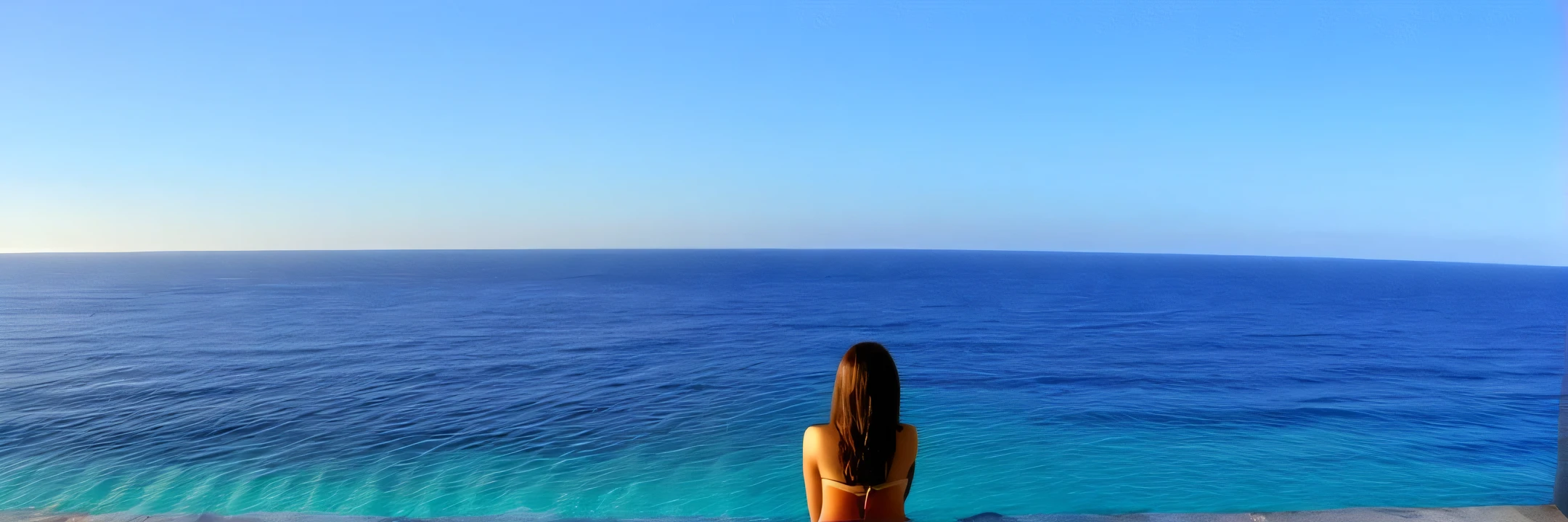25 years old, brunette, girl, looking at the clear ocean, and the photo must be taken from the very very far away