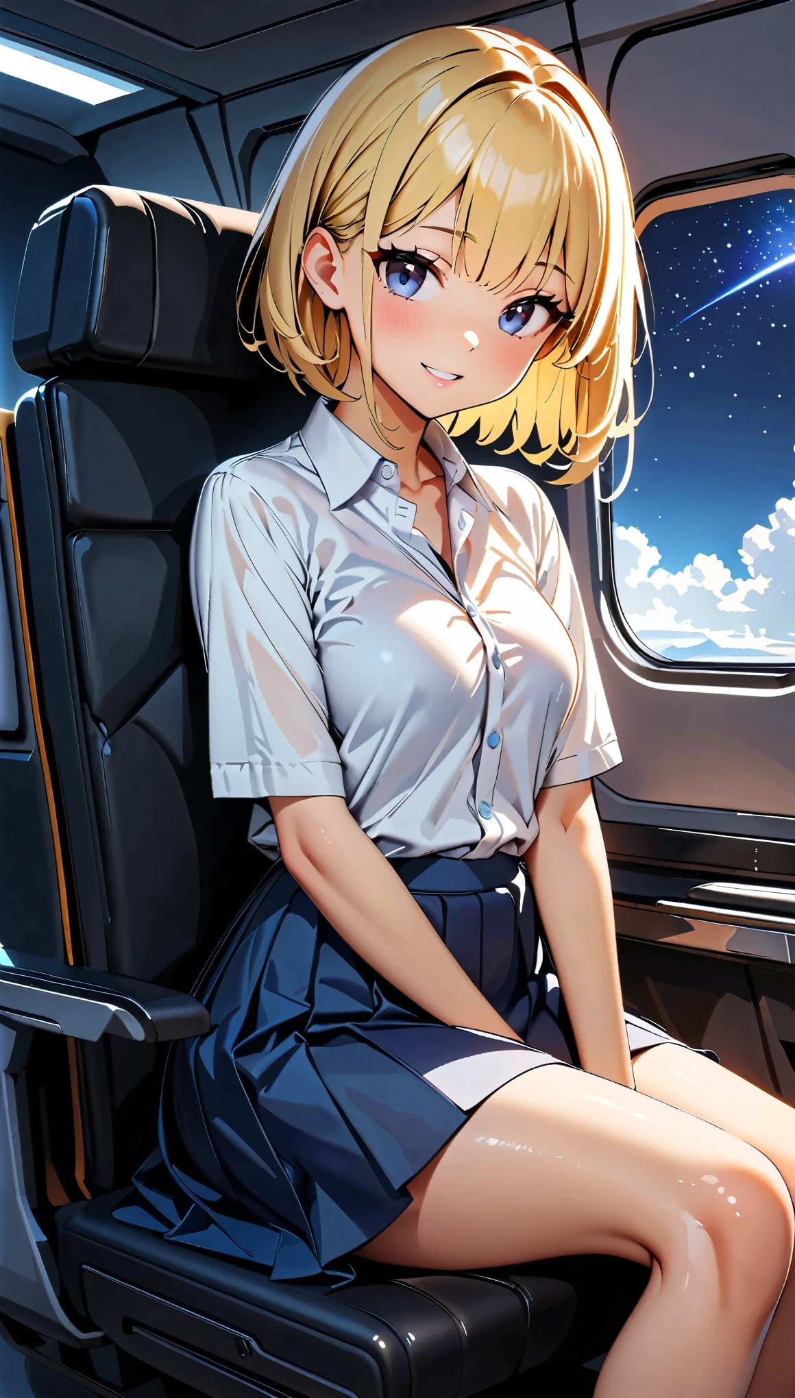 (high quality, 8k, 4K, High Detail, High Contrast, masterpiece:1.2, 最high quality, Best aesthetics), ((1 female)), Blonde, Short Bob, Blouses and long skirts, young sexy woman, sitting in an airplane seat, Beautiful starry sky outside the window,