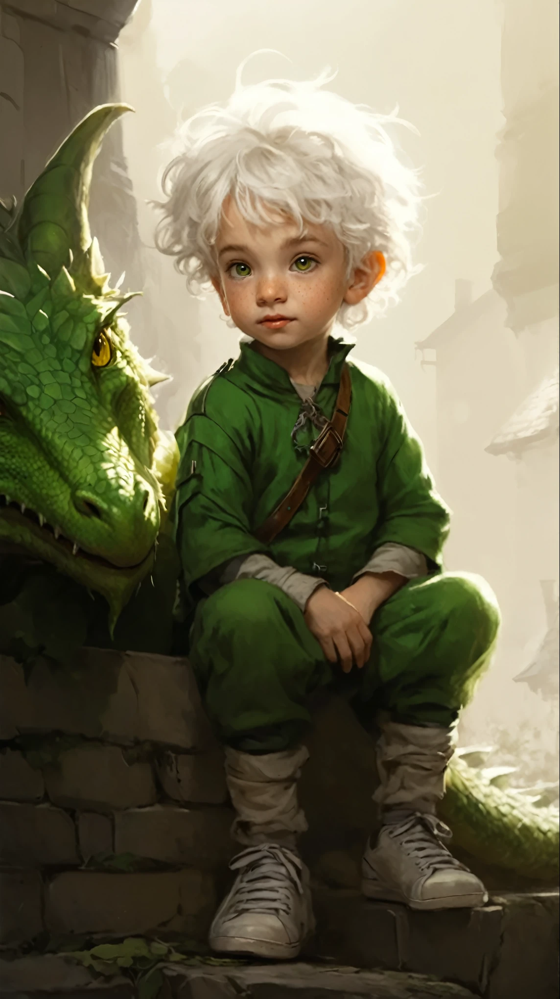 Jeanne-Baptiste e, 5 , cute boy, funny, with freckles, a boy with disheveled white hair, curls, big yellow eyes, eyebrows, a house, a snub nose, plump lips with a bow, in a green jumpsuit and sneakers, next to a large green dragon, a book image in the RPG genre, an image from "Dungeons and dragons", fantasy image, book illustration in fantasy style, graphic artist Magali Villeneuve, image of the author in faces, concept art image in fantasy style, realistic illustration in fantasy