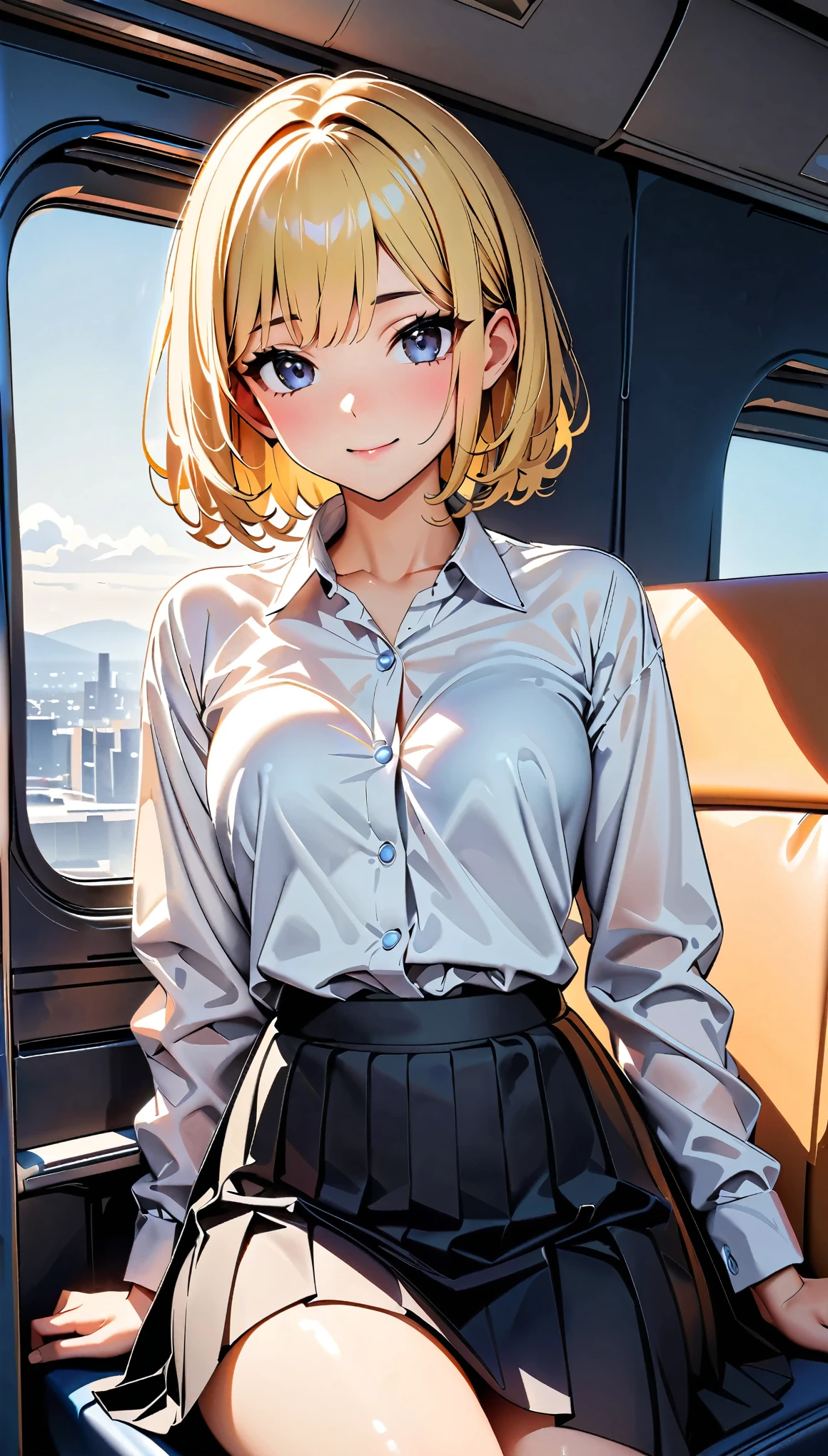 (high quality, 8k, 4K, High Detail, High Contrast, masterpiece:1.2, 最high quality, Best aesthetics), ((1 female)), Blonde, Short Bob, Blouses and long skirts, young sexy woman, sitting in an airplane seat, Beautiful starry sky outside the window,