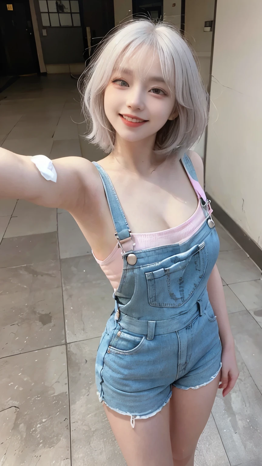 Best image quality、RAW Photos、超A high resolution、21 years old Korean、Small breasts、Dynamic Angle、Cowboy Shot、Chaos in its most beautiful form、elegant、Brutalist Design、Vibrant colors、Beautiful white hair、Short Bob、smile、fun、smile、Glowing White Skin、Beautiful eyes with random colors、Very thin lips、Beautiful eyes in every detail、length, Narrow eyes、Cheeks are pale pink、length eyelashes、Beautiful double eyelids、eye shadow、Bright white hair、Overalls、city、Photographed from diagonally above、Selfie、Full Body Shot、The chest is visible、