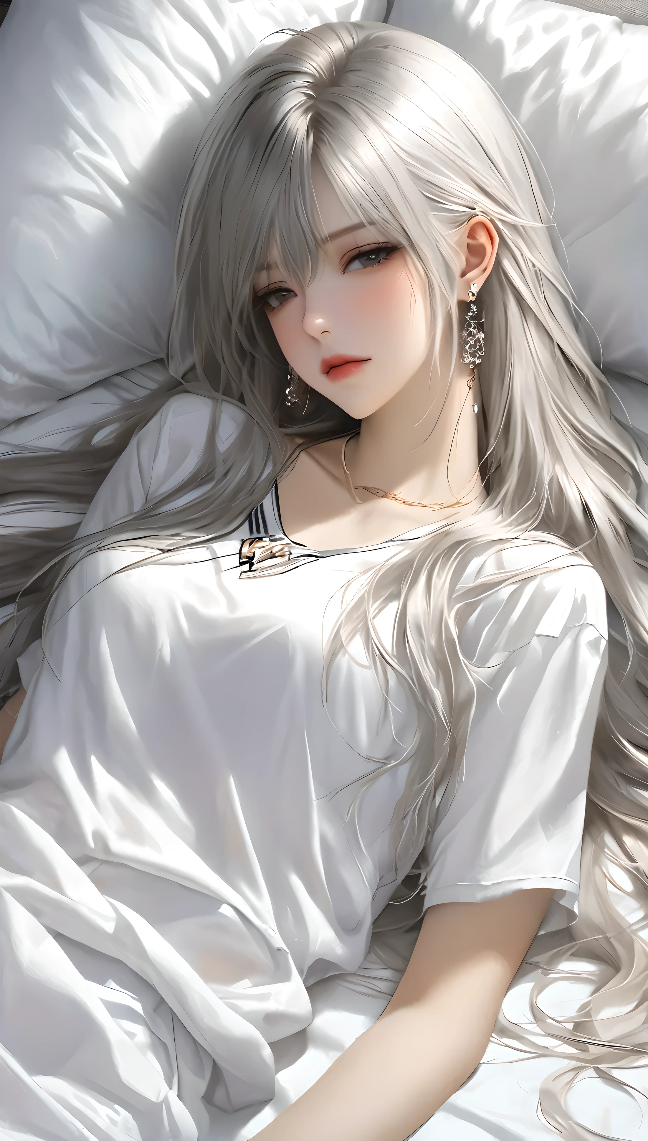 1 Girl, Solitary, Long hair, shirt, white shirt, Bangs, Upper Body, earrings,  jewelry, white hair, Shut up、Lying in bed