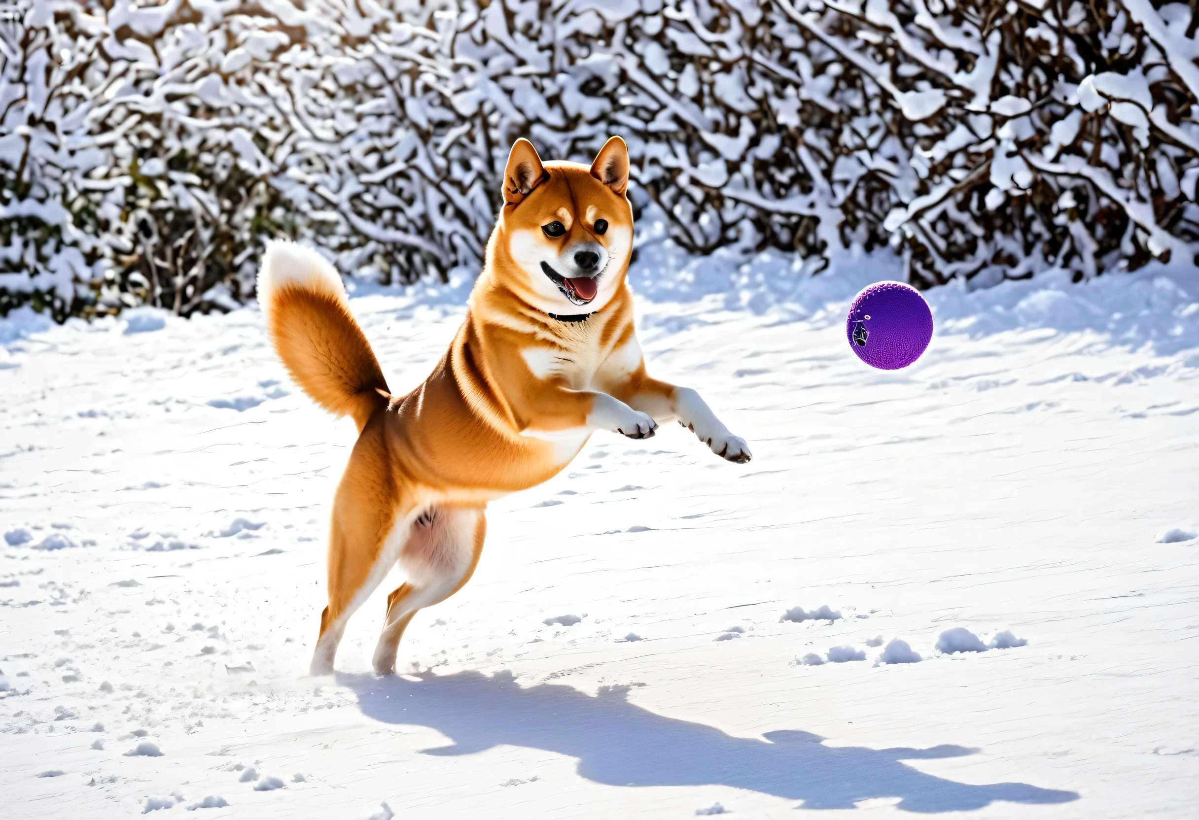 araffe dog jumping In the snow with a ball in its mouth, shiba inu dog, shiba inu, Anthropomorphic Shiba Inu, Doge, a jigsaw puzzle, mysterious, Inspired by Shiba Kokan, puzzle, shibu inu, Sunny winter day, In the snow, John Park, 3 0