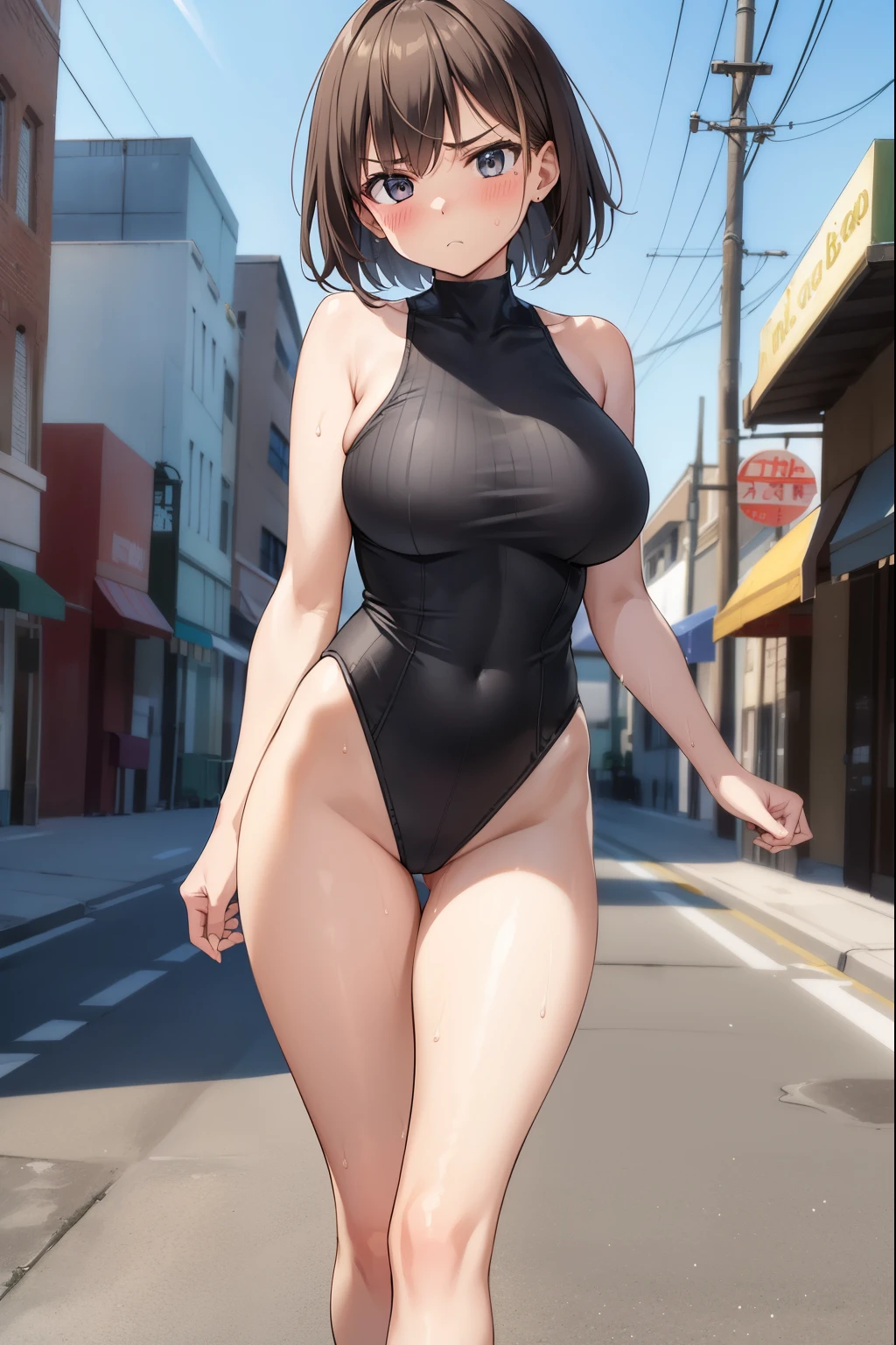Midwestern town,1 girl, bob hair,Brown Hair,blush,Serious face,barefoot,Gray leotard,Super High Leg Cut,Sweat,Large Breasts,walk