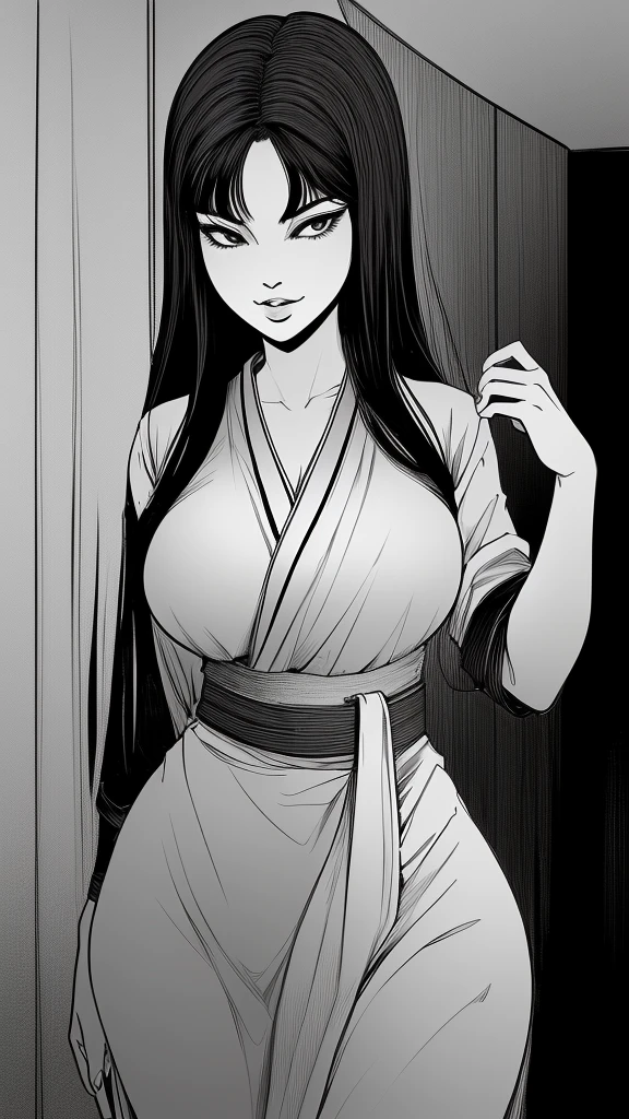 ((ultra quality)), ((masterpiece)), Tomie, Black & White Style, manga, ((black long hair)), (Beautiful face), (beautiful female lips), (), charming, ((sexy facial expression)), looks at the camera with a slight smile, (skin color white), (White skin), glare on the body, ((Detailed eyes)), ((Brown eyes)), (juicy female lips), (dark eyeliner), (beautiful female hands), ((ideal female figure)), ideal female body, beautiful waist, beautiful hips, medium breasts, ((subtle and beautiful)), A seductive stance (), (dressed in Japanese Black & White Style) background: The Japanese School, corridor, ((depth of field)), ((high quality clear image)), (clear details), ((high detail)), realistically, professional photo session, ((Clear Focus))