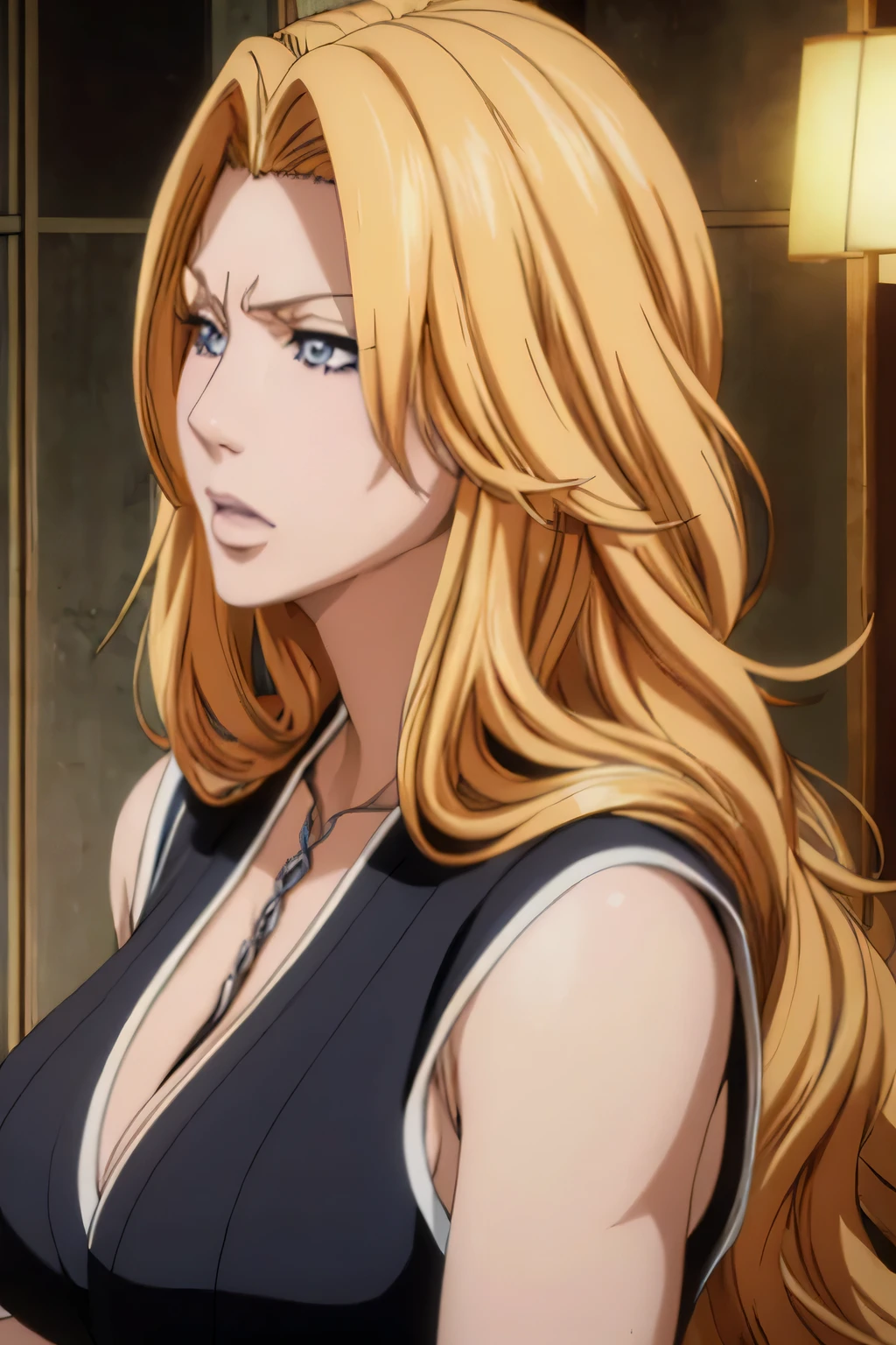 1 woman, rangiku matsumoto, long blonde hair, big breasts, blue eyes, ((detailed eyes:1.2)), sexy, sensual, sleeveless, sideboob, masterpiece, top quality, best quality, official art, beautiful and aesthetic:1.2), extreme detailed, colorful, highest detailed