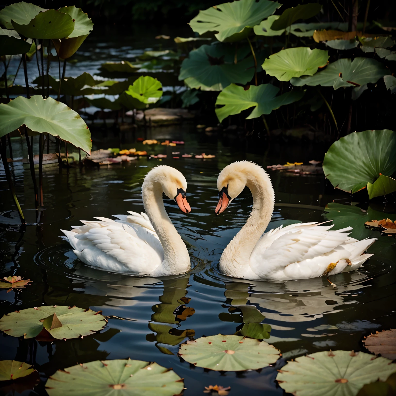 A pair of swan in water with lotus flowers and leaves scenery