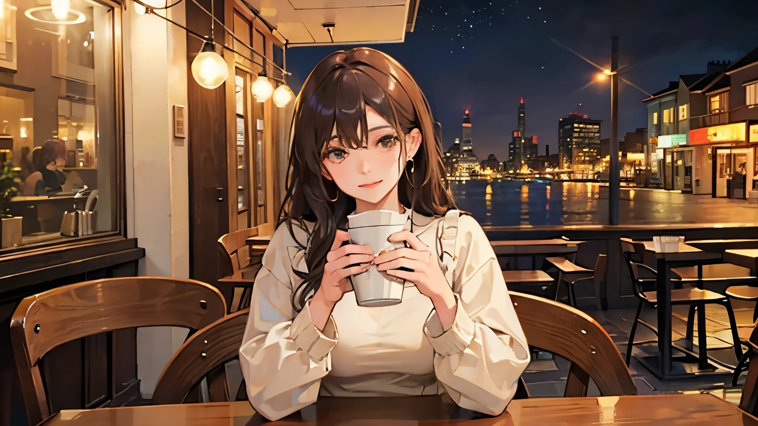 A warm and cozy cafe Woman wearing summer clothes Relaxing Outside is a sparkling night view, and a coffee cup is in my hand