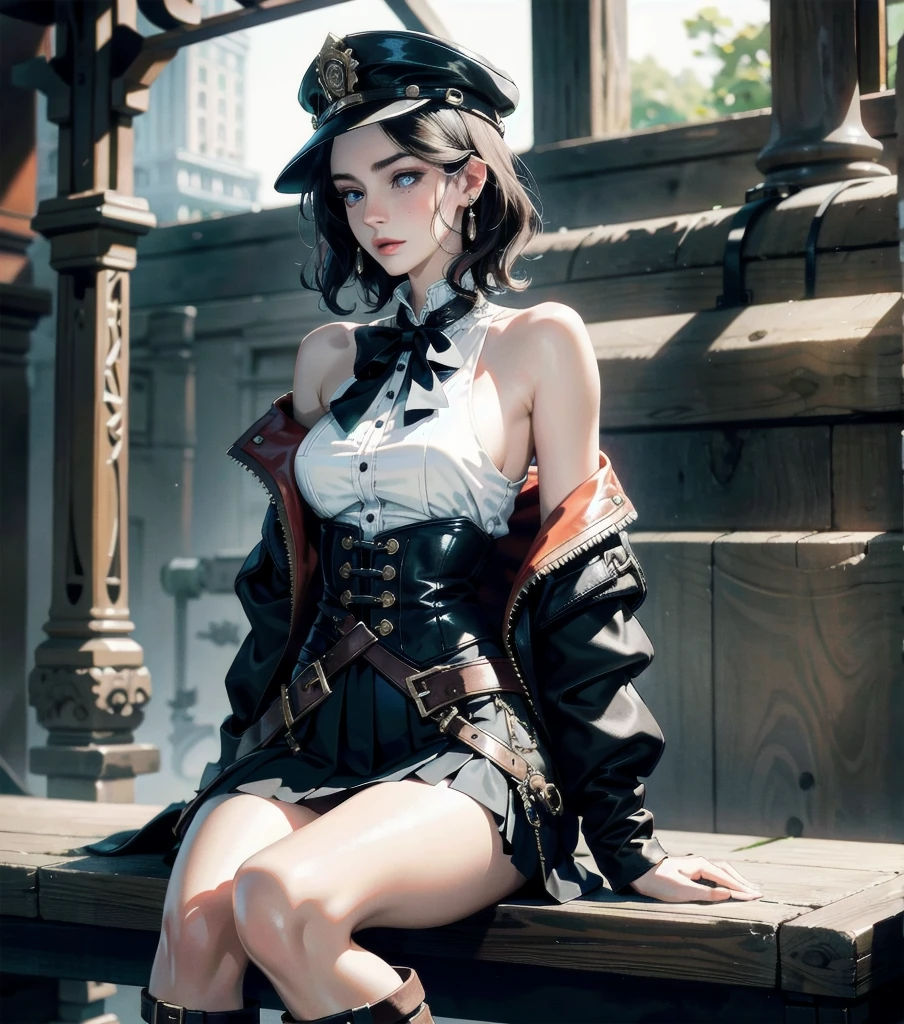 absurdres, RAW photo, extremely delicate and beautiful, masterpiece, Best Quality, ultra high resolution, 32k, hyperrealistic, ultra-detailed, detailed description, pale skin, 20 years old, detailed beautiful face and eyes, tearful mole, earring, Colossal tits, short medium hair, wavy hair, full body shot, alone, steampunk fashion, waistcoat, blouse, hat, boots, short skirt, bare shoulder,