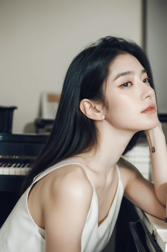 (masterpiece, top quality, best quality,8k,17 years old girl,ultra detailed,raw photo:1.5),(photorealistic:1.4),(cinematic lighting), PerfectNwsjMajic, , Surrealism, UHD, ccurate, Super detail, textured skin, High detail, Best quality, dynamic angle, (high nose,White skin),[Beautiful blue eyes],[flat chest:large breasts:0.5],(1girl),(good anatomy:0.5)), long hair, piano, instrument, black eyes, dress, white dress, white hair, looking at viewer, light particles, closed mouth, indoors, jewelry, sleeveless, bare shoulders, bangs, from side, head rest on piano, head tilt,perfect symmetrical body