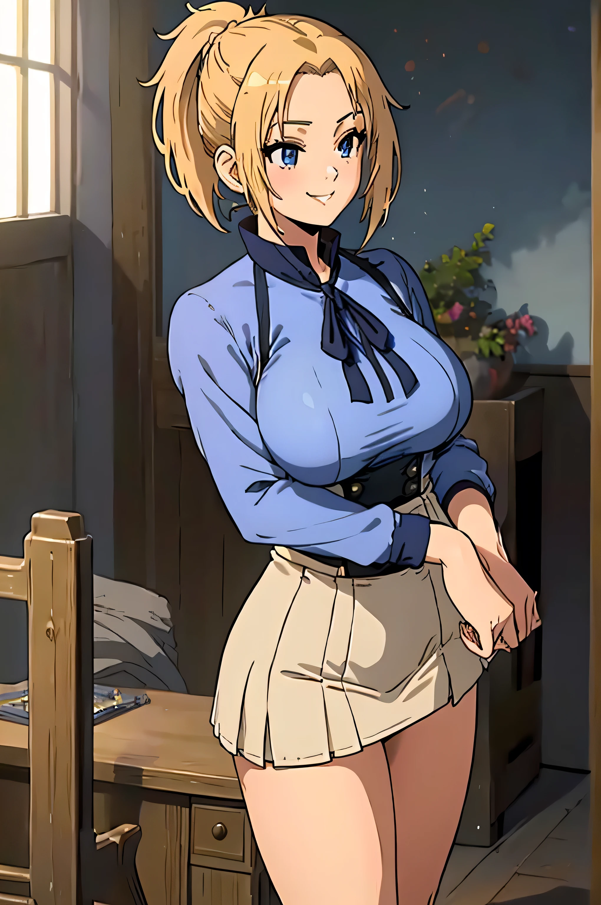 (Anime Style, Retro art style, Clean brush strokes, Very detailed, Perfect Anatomy, Browsing Caution), 1 girl, alone,((zenith)), Blonde, blue eyes, short hair, ponytail, Parted bangs, hair ornaments, smile, Cowboy Shot,(Huge breasts:1.5,(Sailor suit)), Thin abdominal muscles: 1.1, (mini skirt:1.5, Navy blue, School Uniforms), panties、(Handstand, Spread your legs),Looking at the audience,Bedroom Background, 