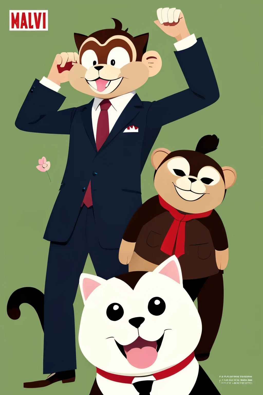 A POP illustration of a cat, monkey, and dog wearing suits.