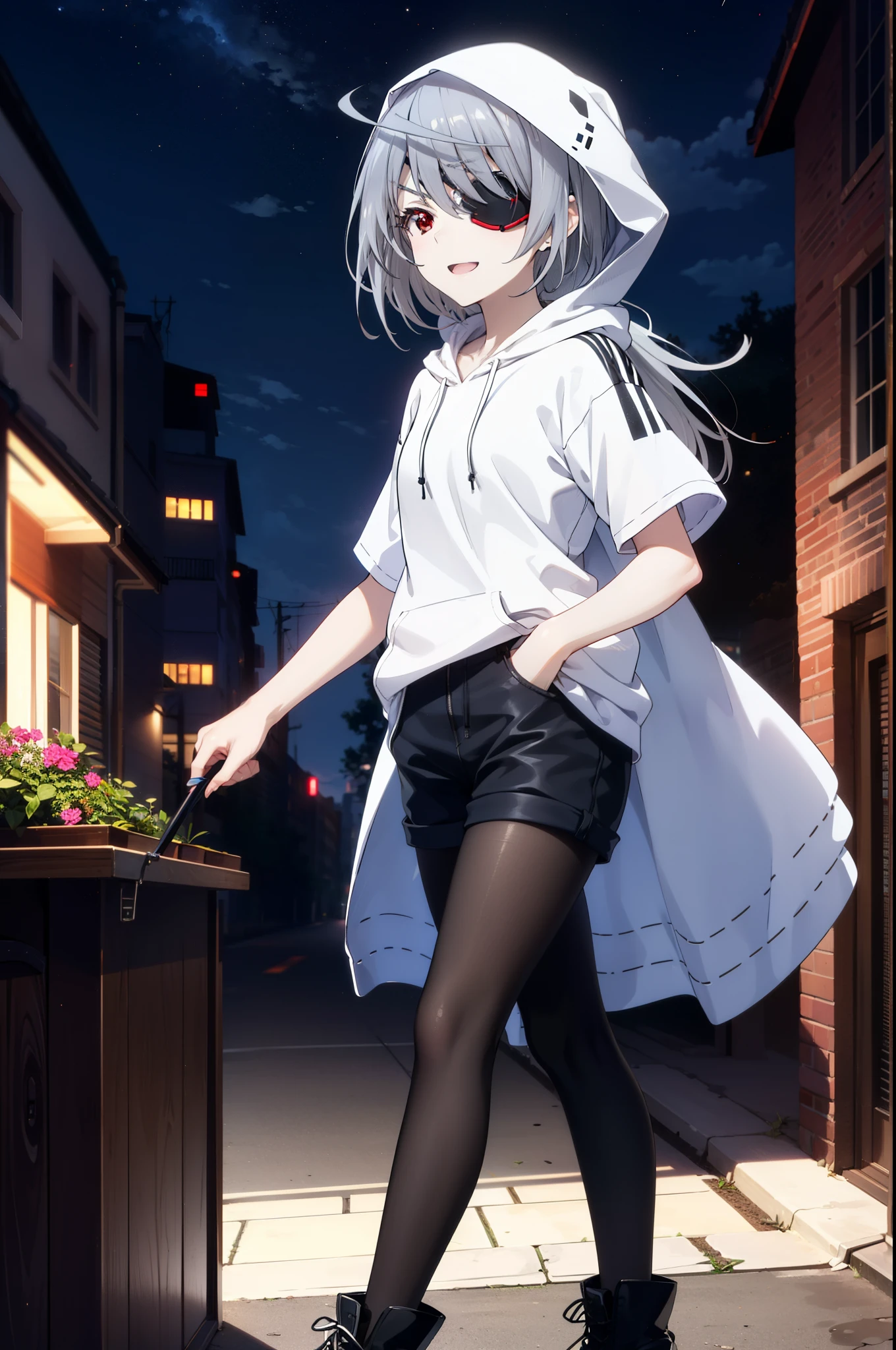 Laurabodewig, Laura Bodewig, Long Hair, (Red eyes:1.3), Grey Hair, Eye patch,happy smile, smile, Open your mouth,Black hoodie,Short sleeve,Hoodie hood up,Shorts,Black pantyhose,short boots,night,moonlight,walking,
break outdoors, In town,Building district,crowd, people々々,
break looking at viewer,
break (masterpiece:1.2), highest quality, High resolution, unity 8k wallpaper, (figure:0.8), (Beautiful fine details:1.6), Highly detailed face, Perfect lighting, Highly detailed CG, (Perfect hands, Perfect Anatomy),
