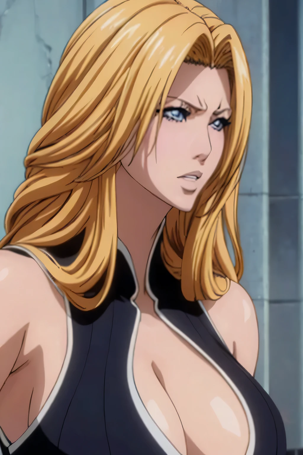 1 woman, rangiku matsumoto, long blonde hair, big breasts, blue eyes, ((detailed eyes:1.2)), sexy, sensual, sleeveless, sideboob, masterpiece, top quality, best quality, official art, beautiful and aesthetic:1.2), extreme detailed, colorful, highest detailed