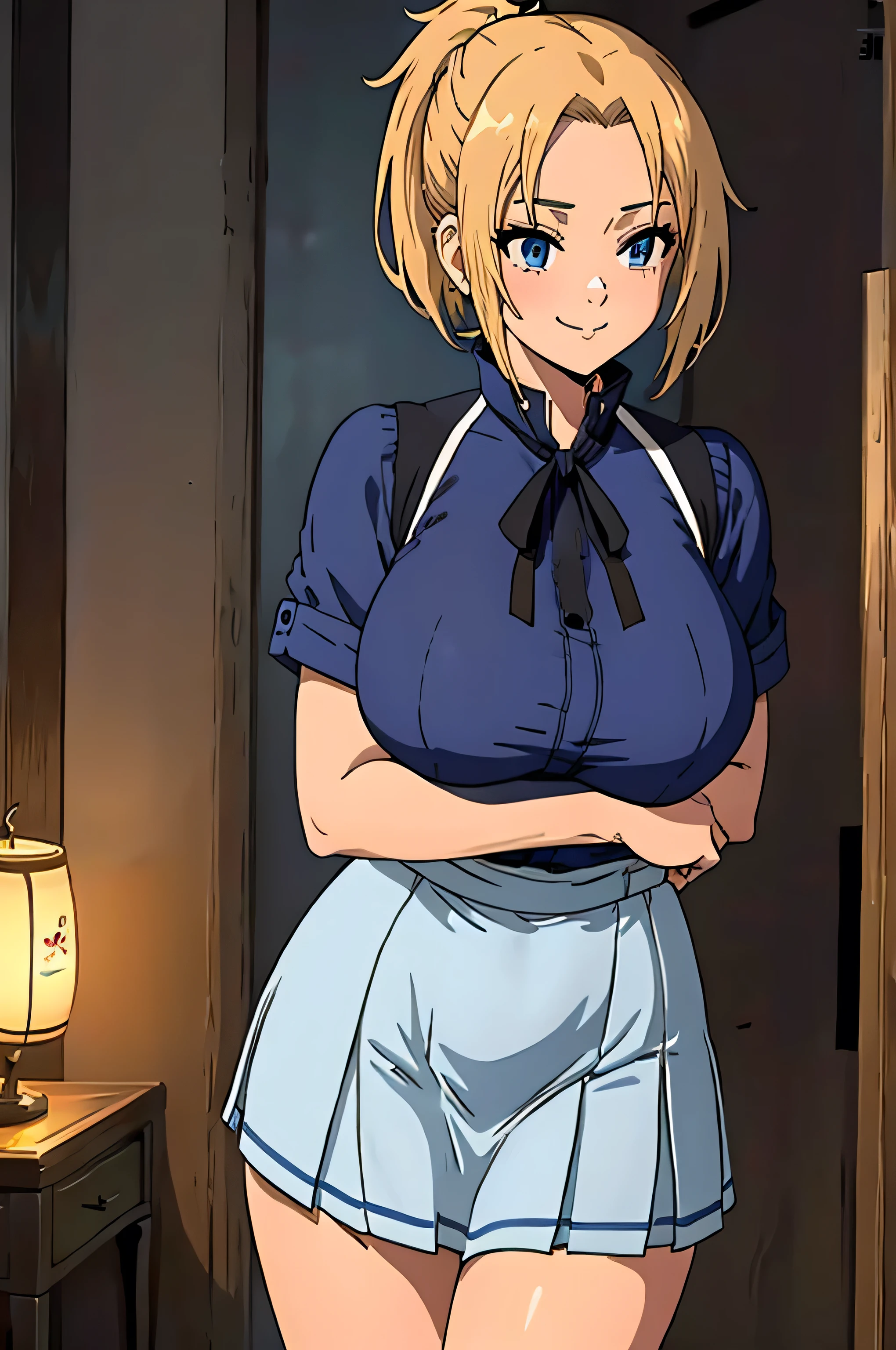 (Anime Style, Retro art style, Clean brush strokes, Very detailed, Perfect Anatomy, Browsing Caution), 1 girl, alone,((zenith)), Blonde, blue eyes, short hair, ponytail, Parted bangs, hair ornaments, smile, Cowboy Shot,(Huge breasts:1.5,(Sailor suit)), Thin abdominal muscles: 1.1, (mini skirt:1.5, Navy blue, School Uniforms), panties、(Handstand, Spread your legs),Looking at the audience,Bedroom Background, 