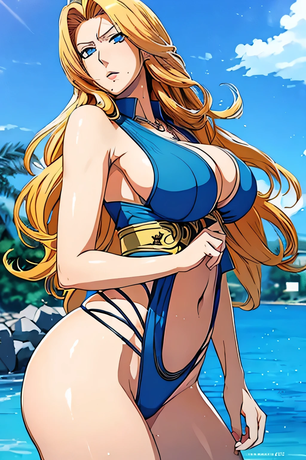 1 woman, rangiku matsumoto, long blonde hair, big breasts, blue eyes, ((detailed eyes:1.2)), sexy, sensual, sleeveless, sideboob, masterpiece, top quality, best quality, official art, beautiful and aesthetic:1.2), extreme detailed, colorful, highest detailed