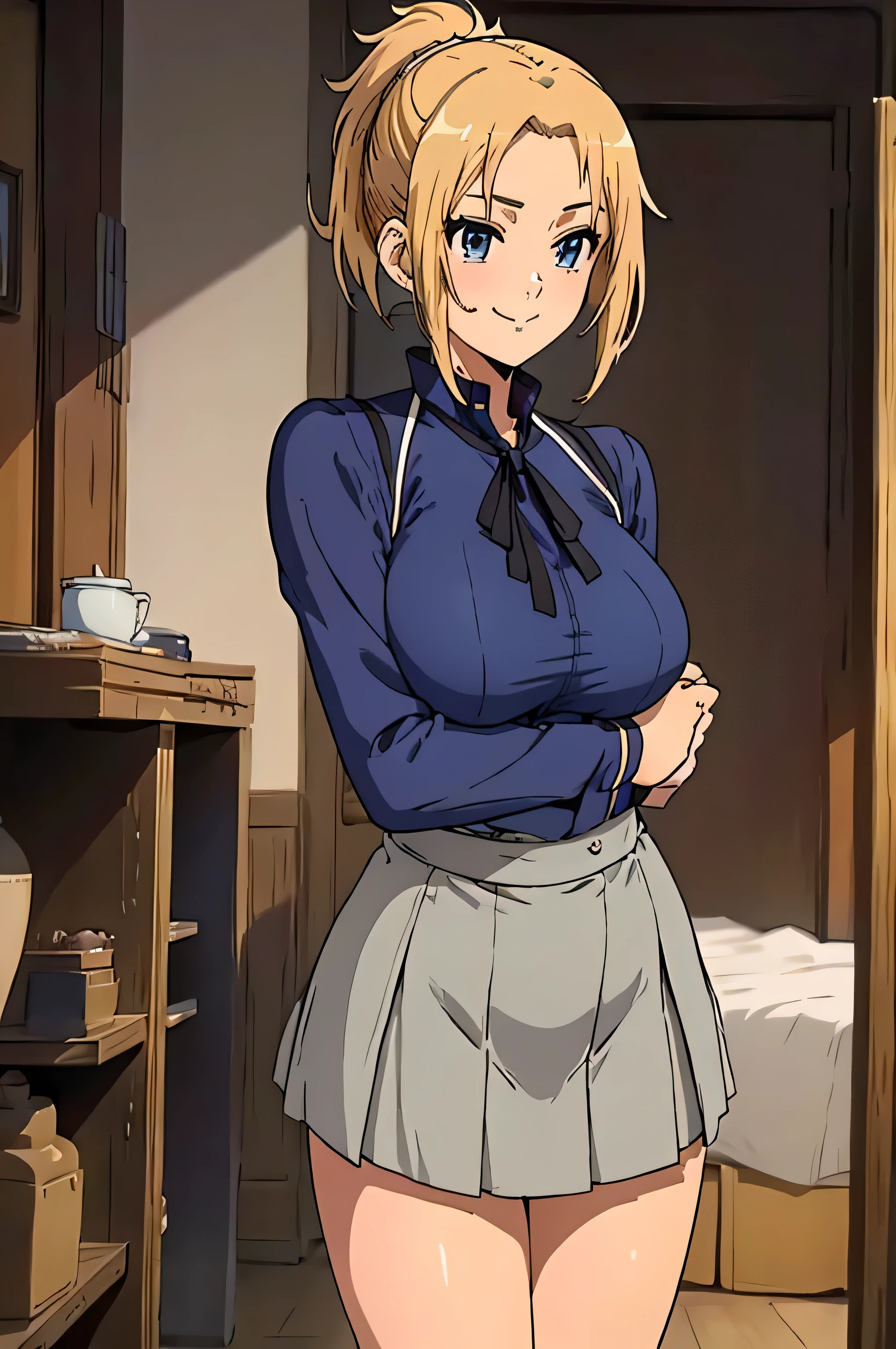 (Anime Style, Retro art style, Clean brush strokes, Very detailed, Perfect Anatomy, Browsing Caution), 1 girl, alone,((zenith)), Blonde, blue eyes, short hair, ponytail, Parted bangs, hair ornaments, smile, Cowboy Shot,(Huge breasts:1.5,(Sailor suit)), Thin abdominal muscles: 1.1, (mini skirt:1.5, Navy blue, School Uniforms), panties、(Handstand, Spread your legs),Looking at the audience,Bedroom Background, 