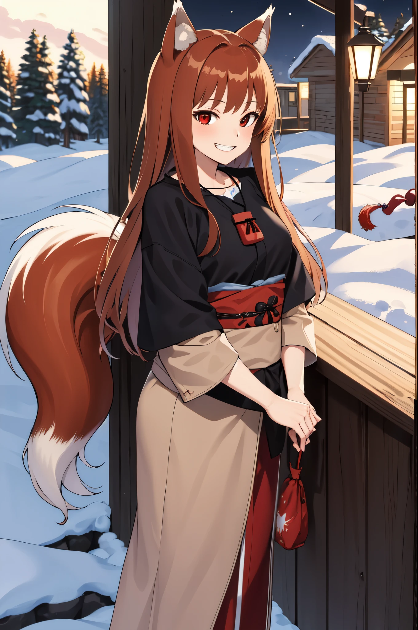 masterpiece, best quality, highres, 1girl, long hair, brown hair, animal ears, red eyes, (wolf tail), necklace, sash, pouch, smile, grin, winter festival, standing