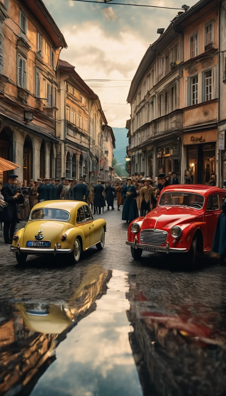 Franz Ferdinand and Sophie arriving in Sarajevo, background cinematic, hyper realistic, ultra detailed hyper realistic, photorealistic, Studio Lighting, reflections, dynamic pose, Cinematic, historical accuracy, Color Grading, Photography, Shot on 50mm lens, Ultra-Wide Angle, Depth of Field, hyper-detailed, beautifully color, 8k
