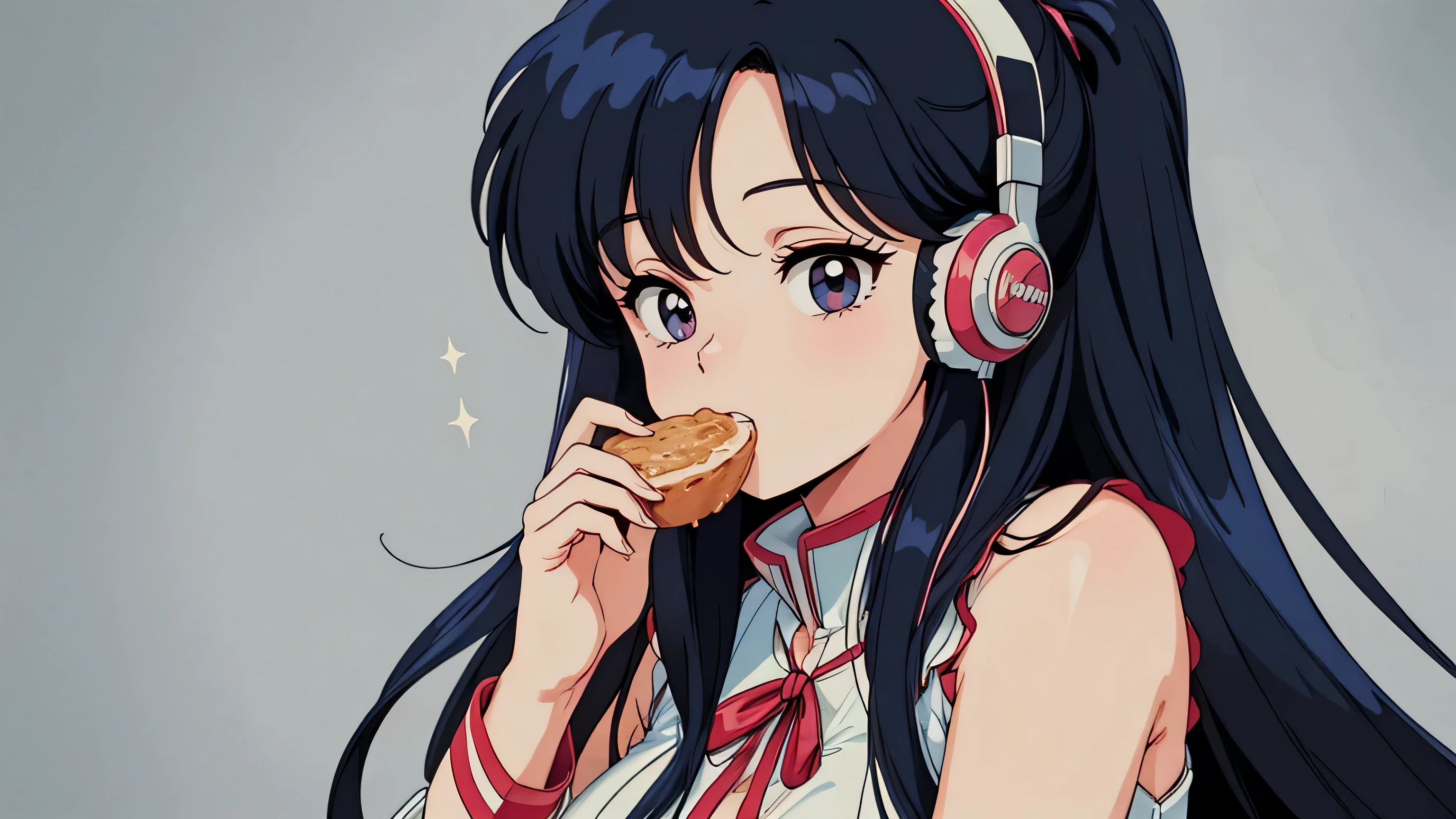 Anime,(80s anime),(Retro,(masterpiece:1.2),(Best quality:1.2), Ultra detailed,,best quality, insanely detailed, beautiful,extremely detailed , 8k),(perfect eyes,perfect hands,ultra-detailed eyes,perfect fingers),(girl is eating),(a girl doesn't look this way),(long hair),(a girl only),(headphone),(midnight)
