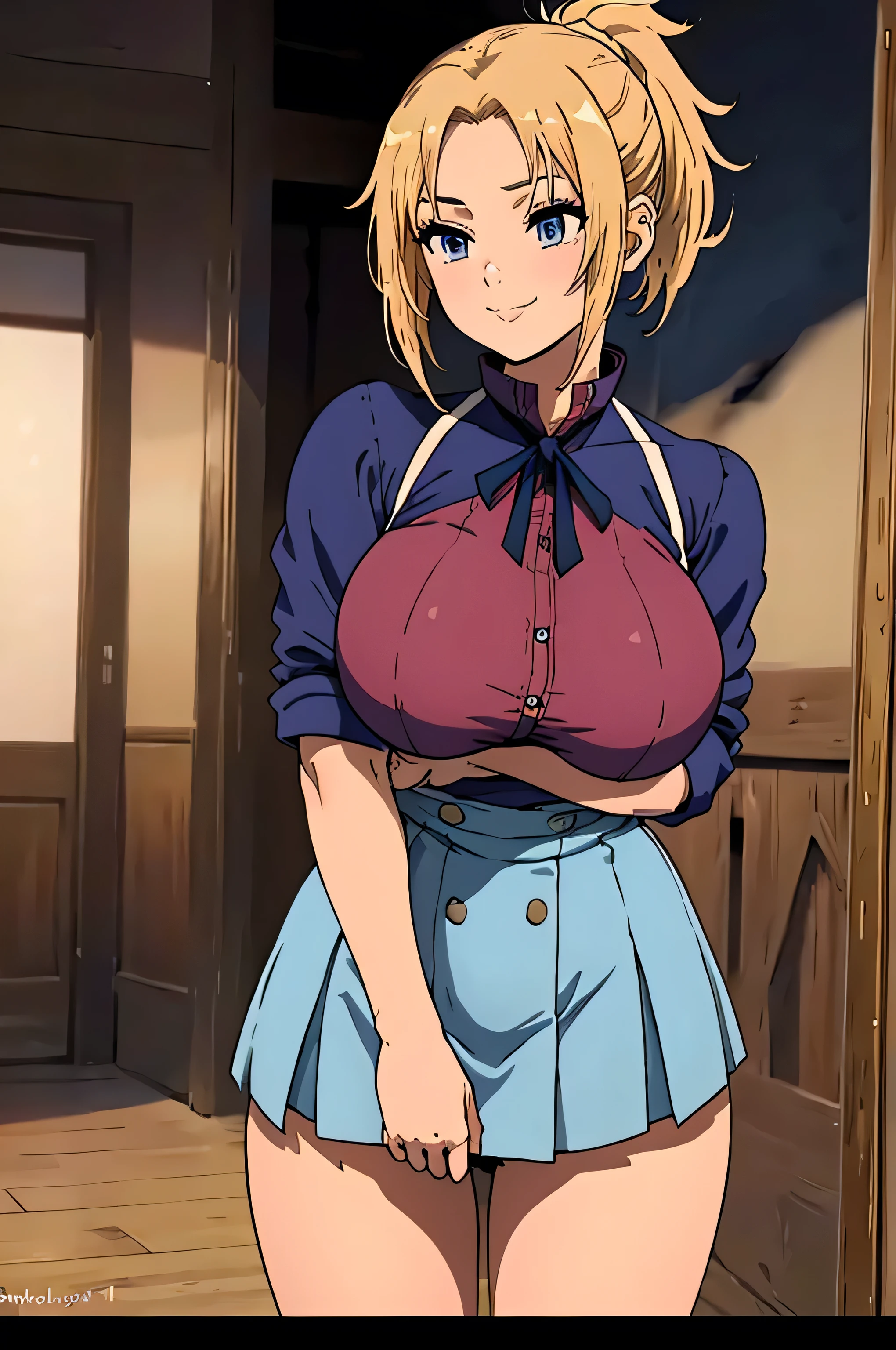 (Anime Style, Retro art style, Clean brush strokes, Very detailed, Perfect Anatomy, Browsing Caution), 1 girl, alone,((zenith)), Blonde, blue eyes, short hair, ponytail, Parted bangs, hair ornaments, smile, Cowboy Shot,(Huge breasts:1.5,(Sailor suit)), Thin abdominal muscles: 1.1, (mini skirt:1.5, Navy blue, School Uniforms), panties、(Handstand, Spread your legs),Looking at the audience,Bedroom Background, 