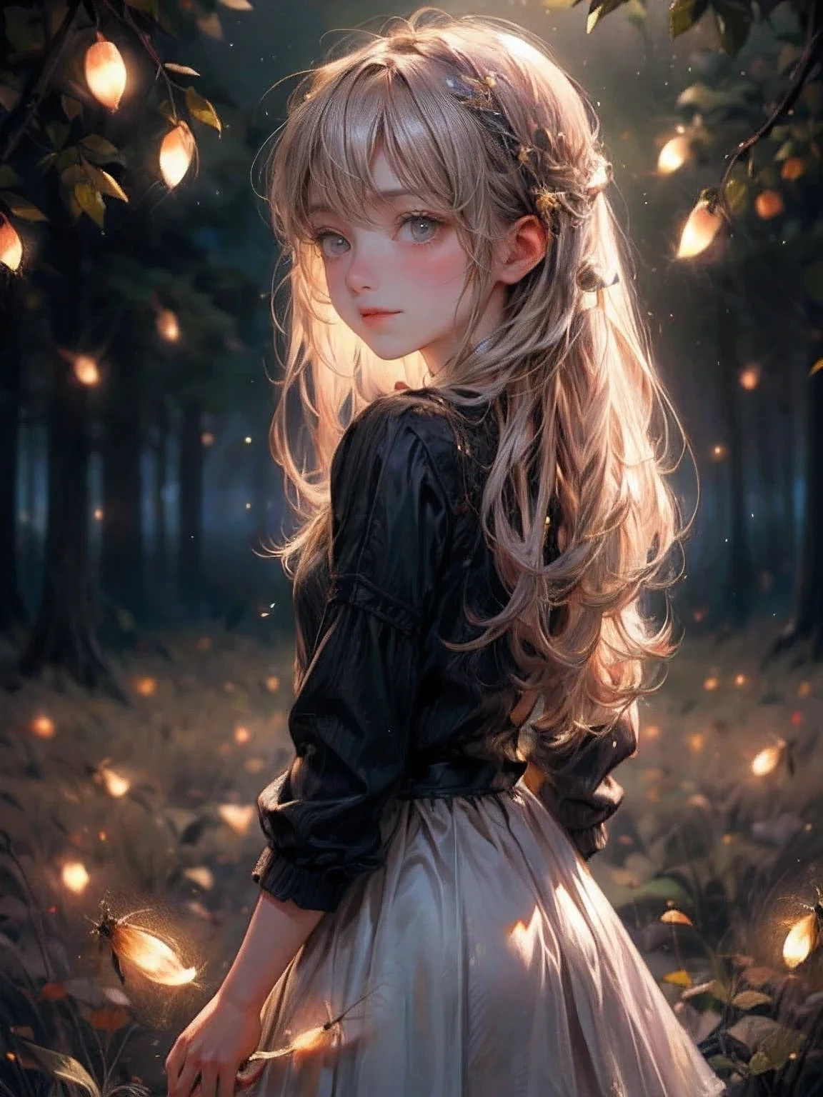 masterpiece:1.2,highest quality, highres, 16k, ultra-realistic:1.37, beautiful detailed, Beautiful girl, Standing in a beautiful posing, gently smile, flowing hair, Night Grassland, fireflies in hands, fireflies on hair, Many fireflies fly around:1.3, Fireflies dancing wildly:1.3, Countless fireflies:1.3, Trails of many fireflies:1.3, beautiful delicate(hair,eyes,pupils,white dress,anklet,knee,fireflies), sparkling eyes, shining lips, behind view