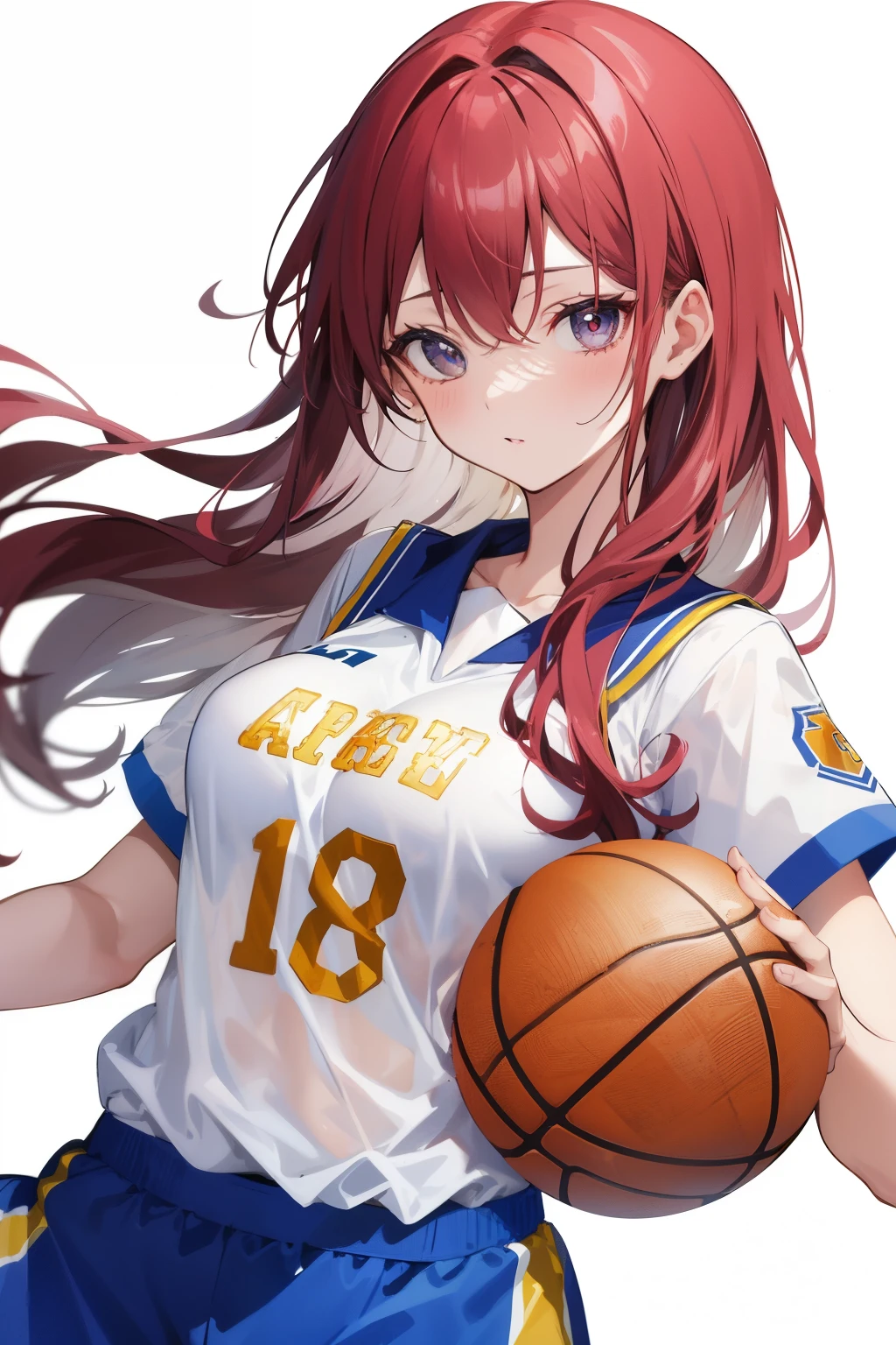 beautiful girl standing ,girl with basketball uniform combination babydoll:1.7, see-through uniform,18 year old, looking distantly, White background, Simple background, (medium breasts), owboy Shot,