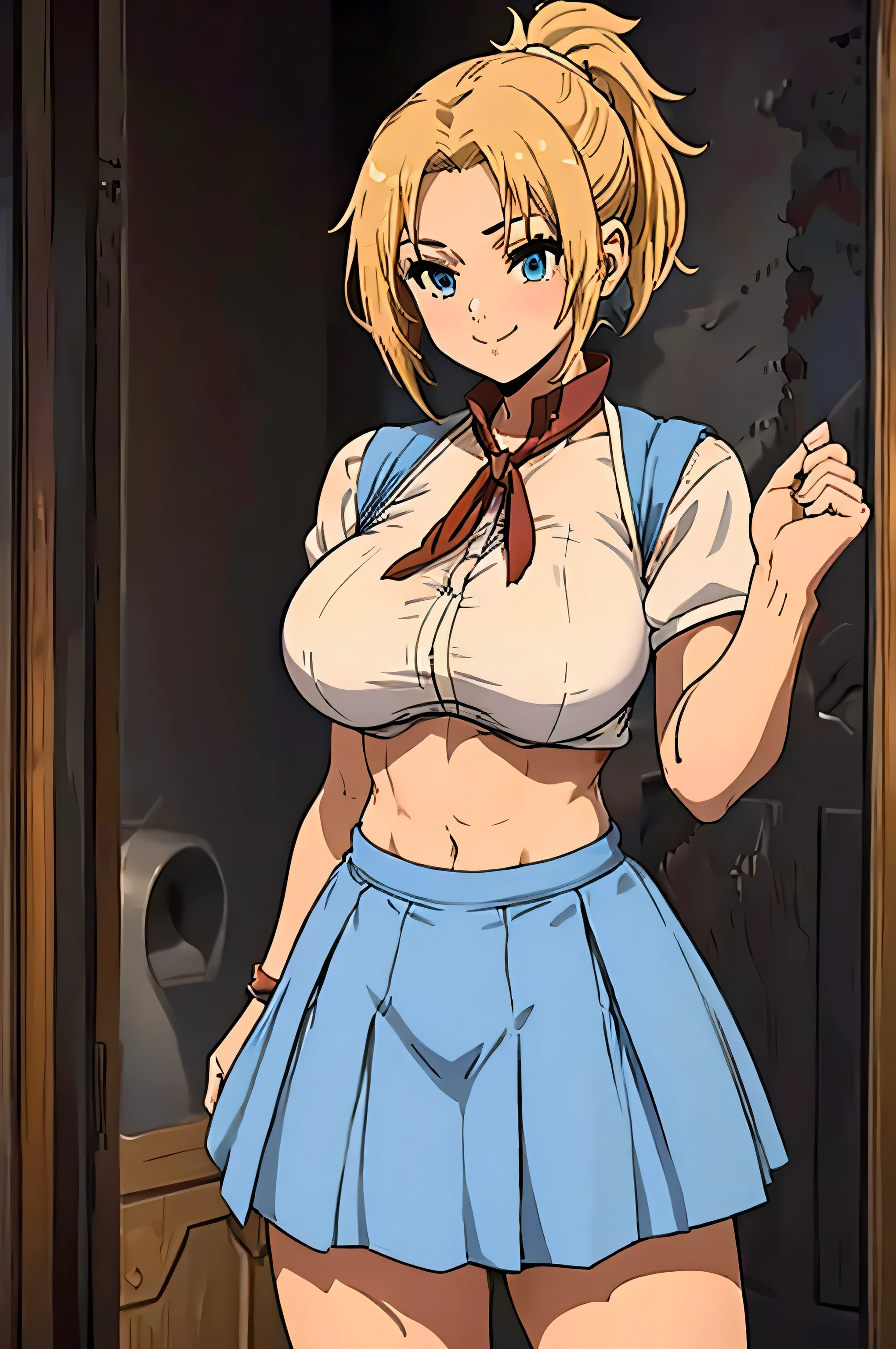 (Anime Style, Retro art style, Clean brush strokes, Very detailed, Perfect Anatomy, Browsing Caution), 1 girl, alone,((zenith)), Blonde, blue eyes, short hair, ponytail, Parted bangs, hair ornaments, smile, Cowboy Shot,(Huge breasts:1.5,(school uniform)), Thin abdominal muscles: 1.1, (mini skirt:1.5, School Uniforms), panties、(Handstand, Spread your legs),Looking at the audience,Bedroom Background, 