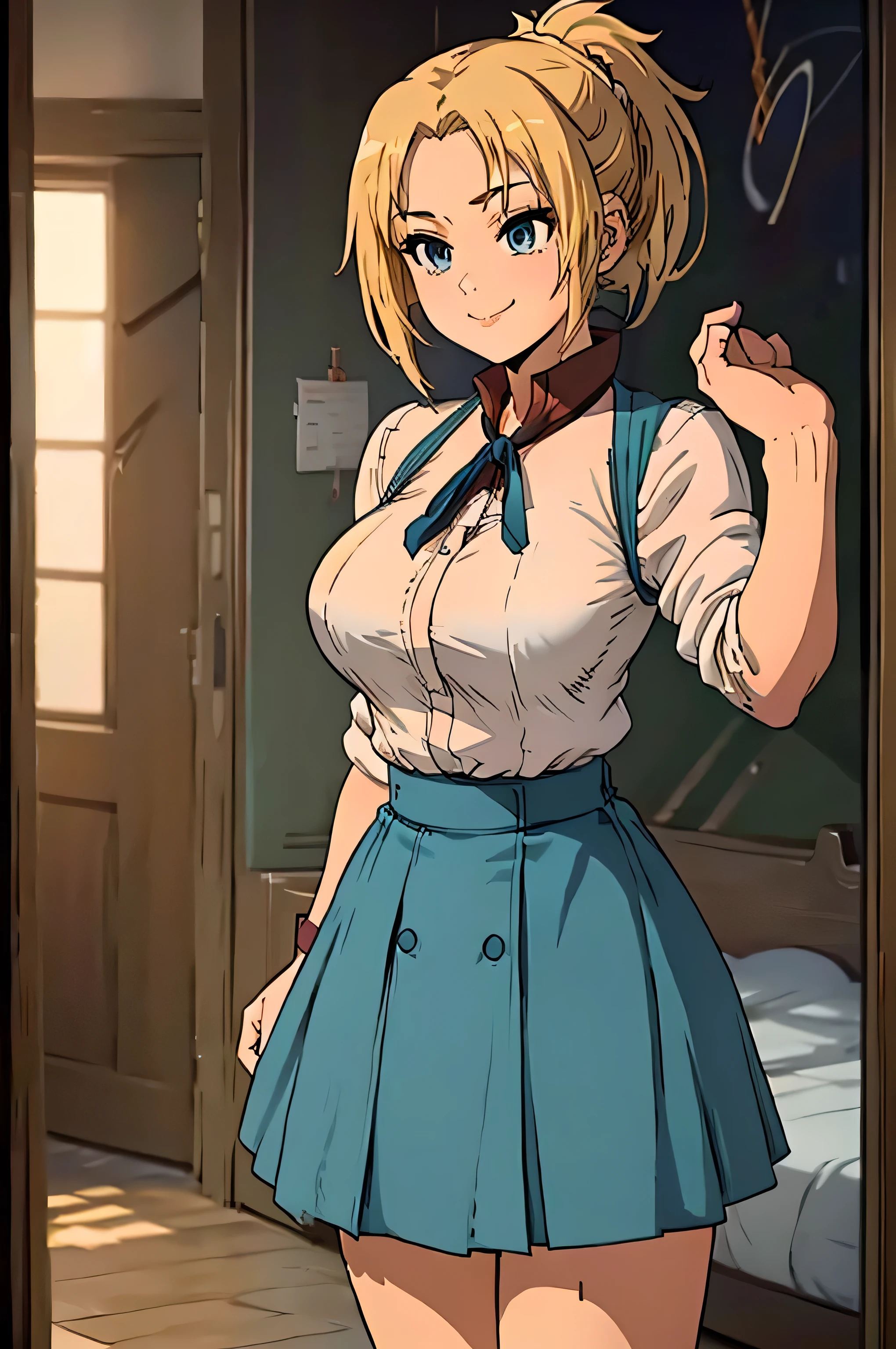 (Anime Style, Retro art style, Clean brush strokes, Very detailed, Perfect Anatomy, Browsing Caution), 1 girl, alone,((zenith)), Blonde, blue eyes, short hair, ponytail, Parted bangs, hair ornaments, smile, Cowboy Shot,(Huge breasts:1.5,(school uniform)), Thin abdominal muscles: 1.1, (mini skirt:1.5, School Uniforms), panties、(Handstand, Spread your legs),Looking at the audience,Bedroom Background, 