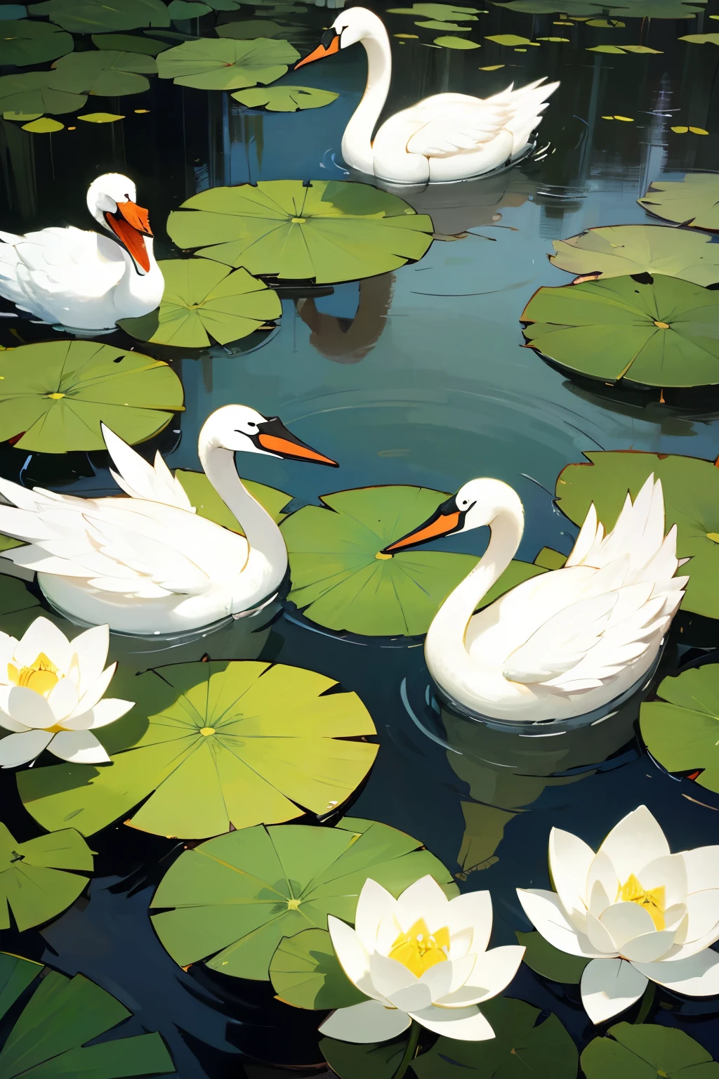 A pair of swan in water with lotus and leaves