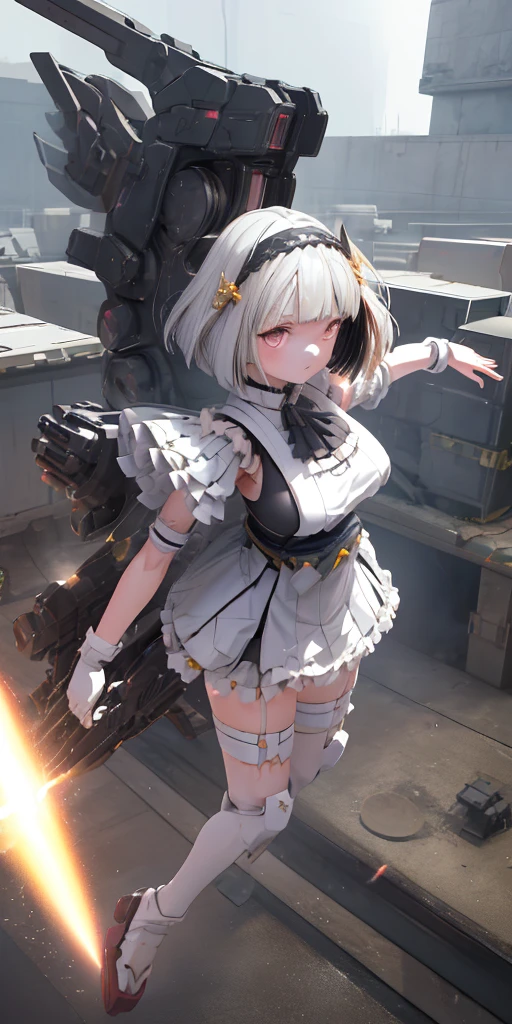 (highest quality)), ((masterpiece)), (Very detailed: 1.3), 3D, {(Japanese young girl)}, Japanese girl wearing gothic lolita outfit with white frills under armor,  wears a futuristic Gundam mecha,(Gundam), With headgear, With V-fin , Armored Shoulders,Armed, Armor under the feet,  Multi-layer texture perfect ratio, Octane Rendering, Duotone Lighting, Low ISO, wide aperture, White balance, Three-part method, Ultra HD 16k, High resolution (High Dynamic Range), Ray Tracing, NVIDIA, Super Resolution, Scattered beneath the surface, PBR Texturing, Post-processing, Anisotropic Filtering, Depth of written boundary, Maximum clarity and sharpness, Highly efficient subpixels, Subpixel Convolution, Particles of light, Scattered Light, Tyndall effect, whole body:1.5, Combat pose, cute, (cute:1.2), (Bobcut:1.3),Braid, Black Hair, Thick eyebrows, Light-colored irises, Big, bright black eyes, Long eyelashes, Small, light-colored, natural lips, (The average face of the Japan idol), (日本人特有のBaby Face:1.3), (Baby Face), Wide forehead:1.2, Plump Cheeks, Small jaw, Visible side boob, (Has a huge weapon:1.5), In the Hangar,View your viewers,Focus on the eyes 、Firing at ground facilities、Holding a gun with both hands、Camel Toe、Giant tit、Nipple Puffs、Cleavage、Plump、Super big breasts、Super big butt、The shield is up！、Ultra-high altitude shooting、from the sky、Dogfight