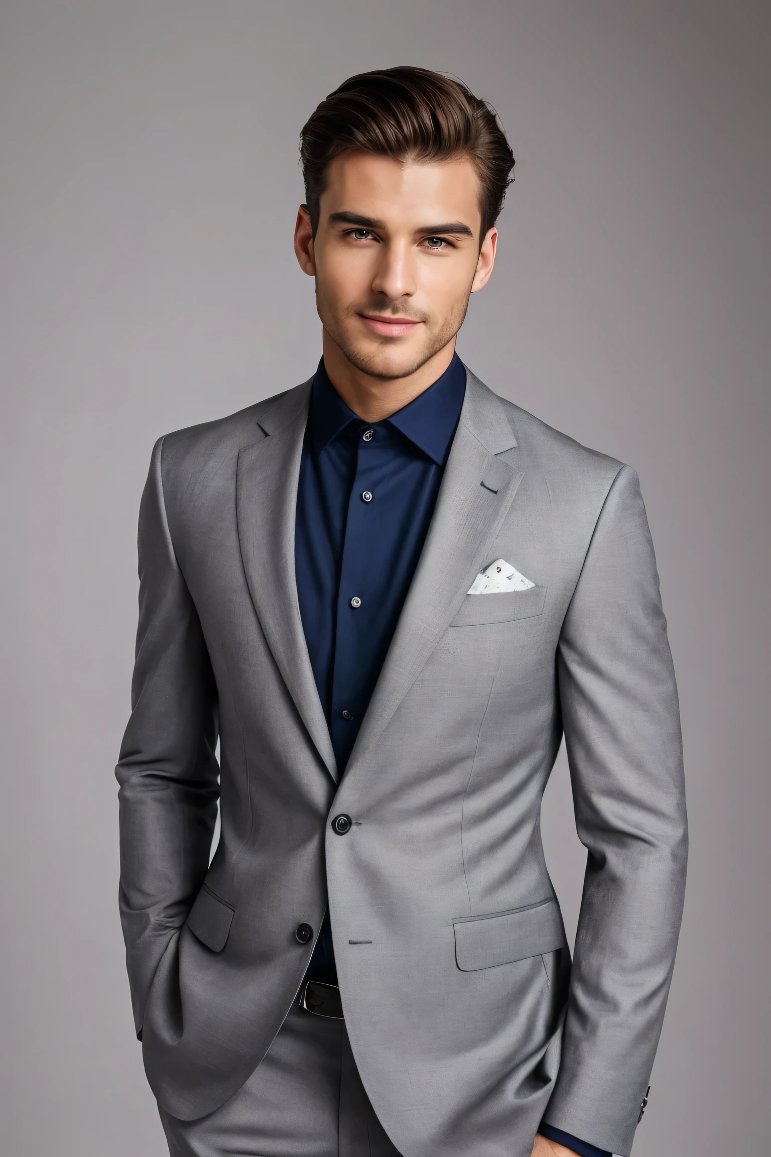 (high quality:1.2),detailed facial features,sharp jawline,intense gaze,well-groomed facial hair,charming smile,striking cheekbones,expressive eyes,fashionable attire,confident posture,attractive physique,impeccable style,stylish haircut,perfectly tailored suit,sophisticated charm,classic elegance,professional lighting,vibrant colors,studio photography,high resolution