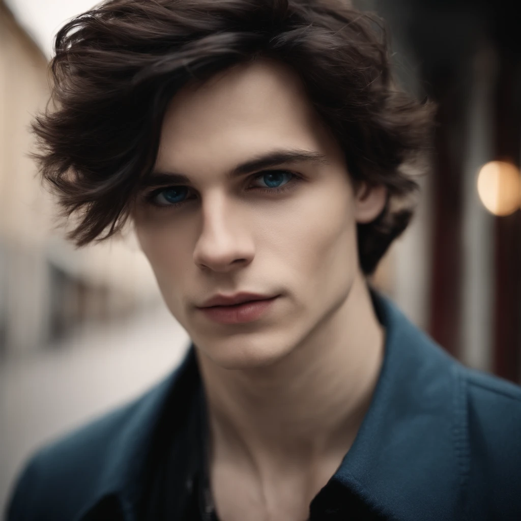 He is an emo boy, white complexion, slim, grayish blue eyes, dark brown hair, short emo hairstyle and he is 1.91 cm tall, very handsome, Polish and looks like the character called Dominik santorski From the movie suicide room Do it sending kiss a To the camera perspective selfie , wearing emo clothes