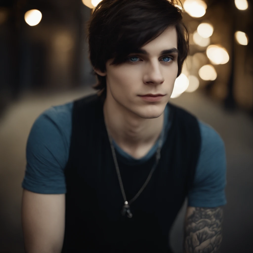 He is an emo boy, white complexion, slim, grayish blue eyes, dark brown hair, short emo hairstyle and he is 1.91 cm tall, very handsome, Polish and looks like the character called Dominik santorski From the movie suicide room Do it sending kiss  a To the camera perspective selfie , wearing emo clothes 
