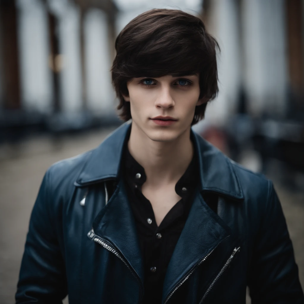He is an emo boy, white complexion, slim, grayish blue eyes, dark brown hair, short emo hairstyle and he is 1.91 cm tall, very handsome, Polish and looks like the character called Dominik santorski From the movie suicide room Do it sending kiss a To the camera perspective selfie , wearing emo clothes