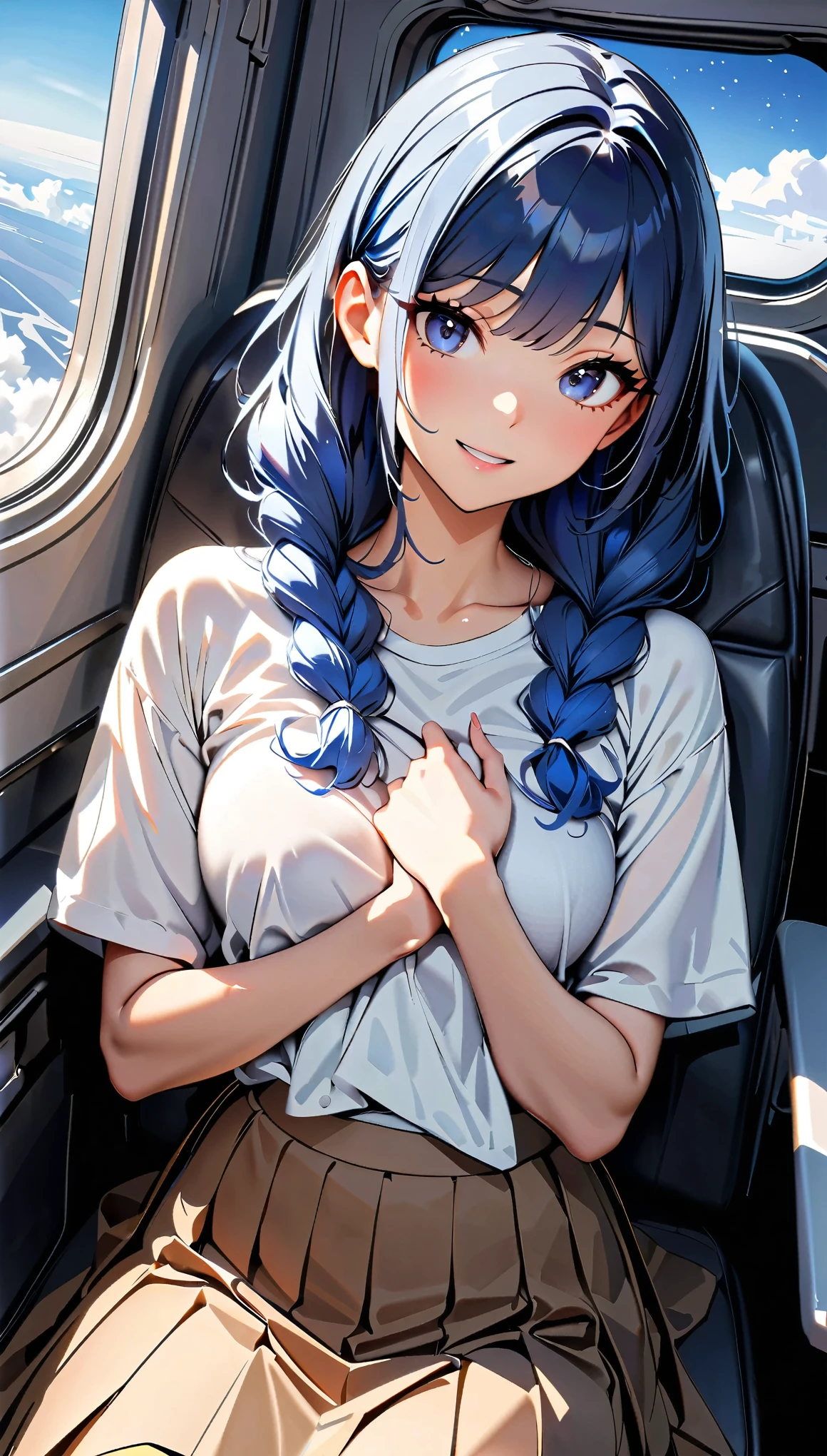(high quality, 8k, 4K, High Detail, High Contrast, masterpiece:1.2, 最high quality, Best aesthetics), ((1 female)), Blue Hair, Long Hair, Braided Hair, Blouses and long skirts, young sexy woman, sitting in an airplane seat, Beautiful starry sky outside the window,