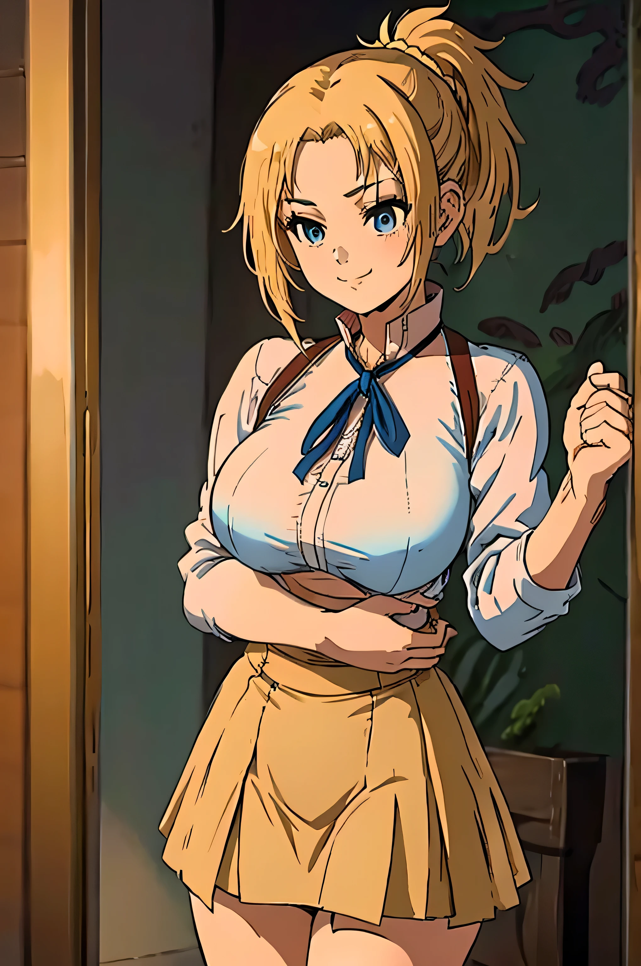 (Anime Style, Retro art style, Clean brush strokes, Very detailed, Perfect Anatomy, Browsing Caution), 1 girl, alone,((zenith)), Blonde, blue eyes, short hair, ponytail, Parted bangs, hair ornaments, smile, Cowboy Shot,(Huge breasts:1.5,(school uniform)), Thin abdominal muscles: 1.1, (mini skirt:1.5, School Uniforms), panties、(Handstand, Spread your legs),Looking at the audience,Bedroom Background, 