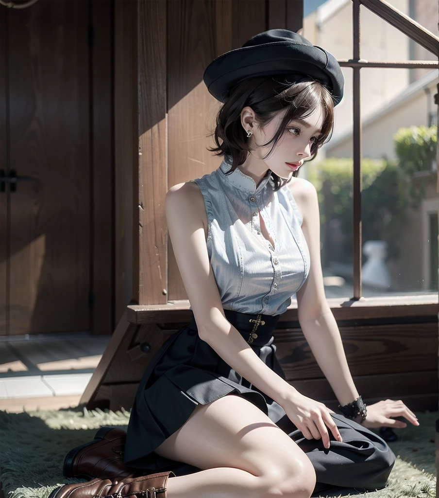 absurdres, RAW photo, extremely delicate and beautiful, masterpiece, Best Quality, ultra high resolution, 32k, hyperrealistic, ultra-detailed, detailed description, pale skin, 20 years old, detailed beautiful face and eyes, tearful mole, earring, Colossal tits, short medium hair, wavy hair, full body shot, alone, steampunk fashion, waistcoat, blouse, hat, boots, short skirt, bare shoulder,