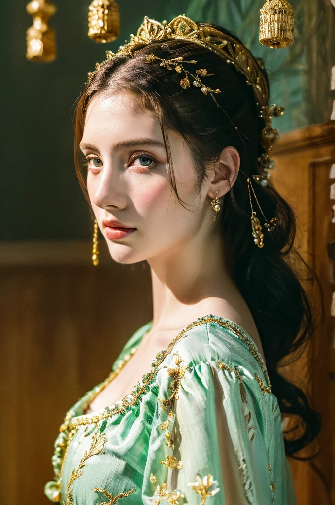 ( masterpiece, top quality, best quality,8k,17 years old girl,ultra detailed,raw photo:1.5),(photorealistic:1.4),(cinematic lighting), PerfectNwsjMajic, , Surrealism, UHD, ccurate, Super detail, textured skin, High detail, Best quality, dynamic angle, (high nose,White skin),[Beautiful blue eyes],(1girl),(good anatomy:0.5)), a woman in a dress, rococo queen, rococo fashion, rococo style portrait,rococo dress, rococo cyberpunk, No estilo de arte de Bowater, Senhora Vitoriana, Dreamy atmosphere,expressive brush strokes, mystical ambiance, Artistic interpretation, a whimsical illustration, Subtle colors and tones, 