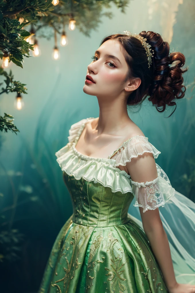 ( masterpiece, top quality, best quality,8k,17 years old girl,ultra detailed,raw photo:1.5),(photorealistic:1.4),(cinematic lighting), PerfectNwsjMajic, , Surrealism, UHD, ccurate, Super detail, textured skin, High detail, Best quality, dynamic angle, (high nose,White skin),[Beautiful blue eyes],(1girl),(good anatomy:0.5)), a woman in a dress, rococo queen, rococo fashion, rococo style portrait,rococo dress, rococo cyberpunk, No estilo de arte de Bowater, Senhora Vitoriana, Dreamy atmosphere,expressive brush strokes, mystical ambiance, Artistic interpretation, a whimsical illustration, Subtle colors and tones, 