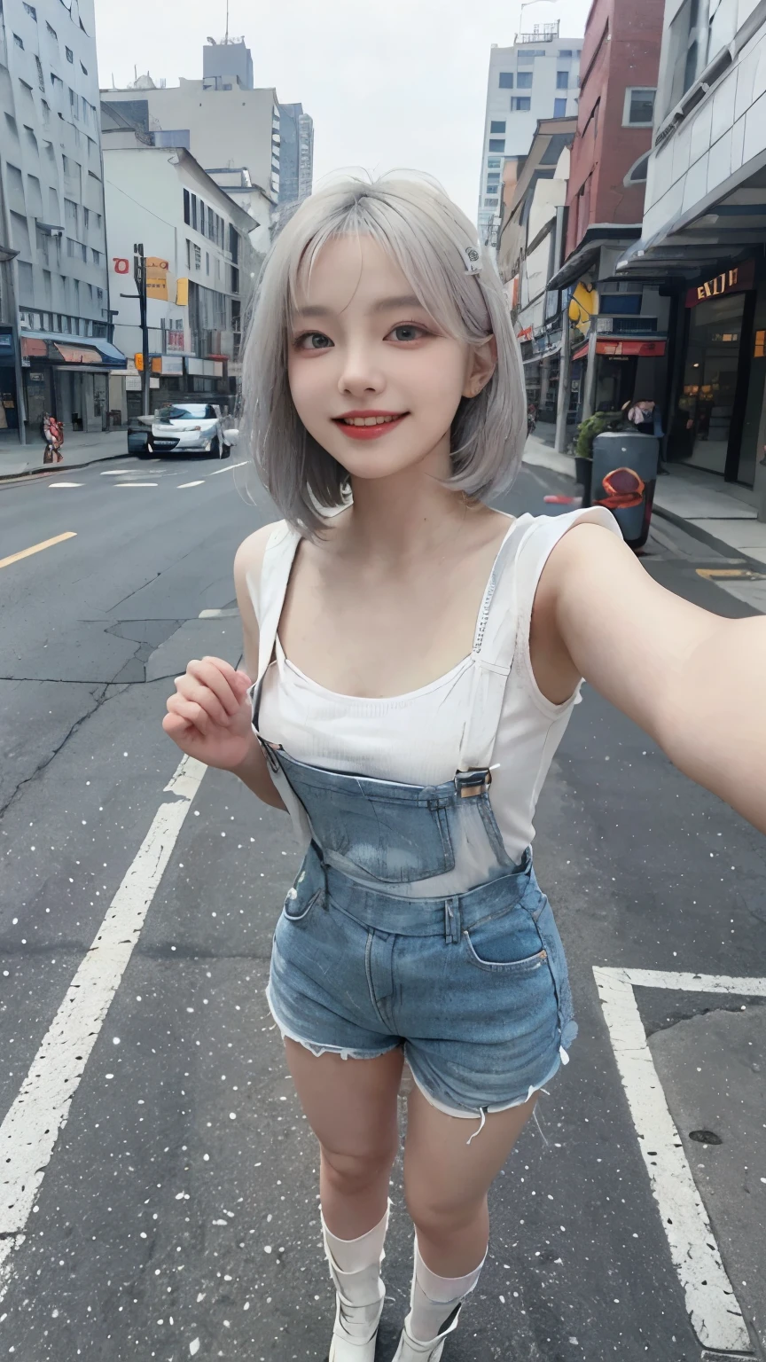 Best image quality、RAW Photos、超A high resolution、21 years old Korean、Small breasts、Dynamic Angle、Cowboy Shot、Chaos in its most beautiful form、elegant、Brutalist Design、Vibrant colors、Beautiful white hair、Short Bob、smile、fun、smile、Glowing White Skin、Beautiful eyes with random colors、Very thin lips、Beautiful eyes in every detail、length, Narrow eyes、Cheeks are pale pink、length eyelashes、Beautiful double eyelids、eye shadow、Bright white hair、Overalls、city、Photographed from diagonally above、Selfie、Full Body Shot、The chest is visible、
