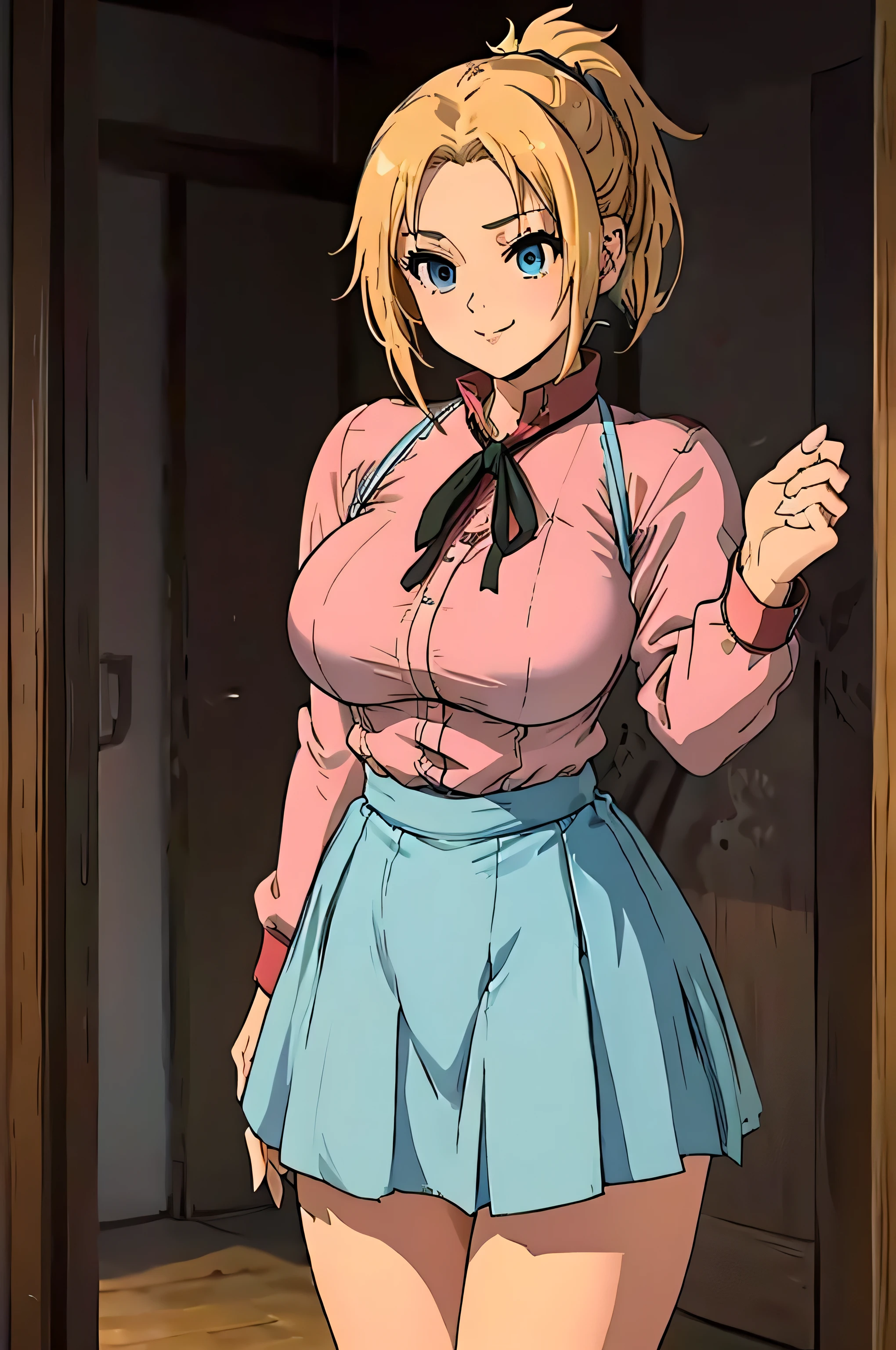 (Anime Style, Retro art style, Clean brush strokes, Very detailed, Perfect Anatomy, Browsing Caution), 1 girl, alone,((zenith)), Blonde, blue eyes, short hair, ponytail, Parted bangs, hair ornaments, smile, Cowboy Shot,(Huge breasts:1.5,(school uniform)), Thin abdominal muscles: 1.1, (mini skirt:1.5, School Uniforms), panties、(Handstand, Spread your legs),Looking at the audience,Bedroom Background, 