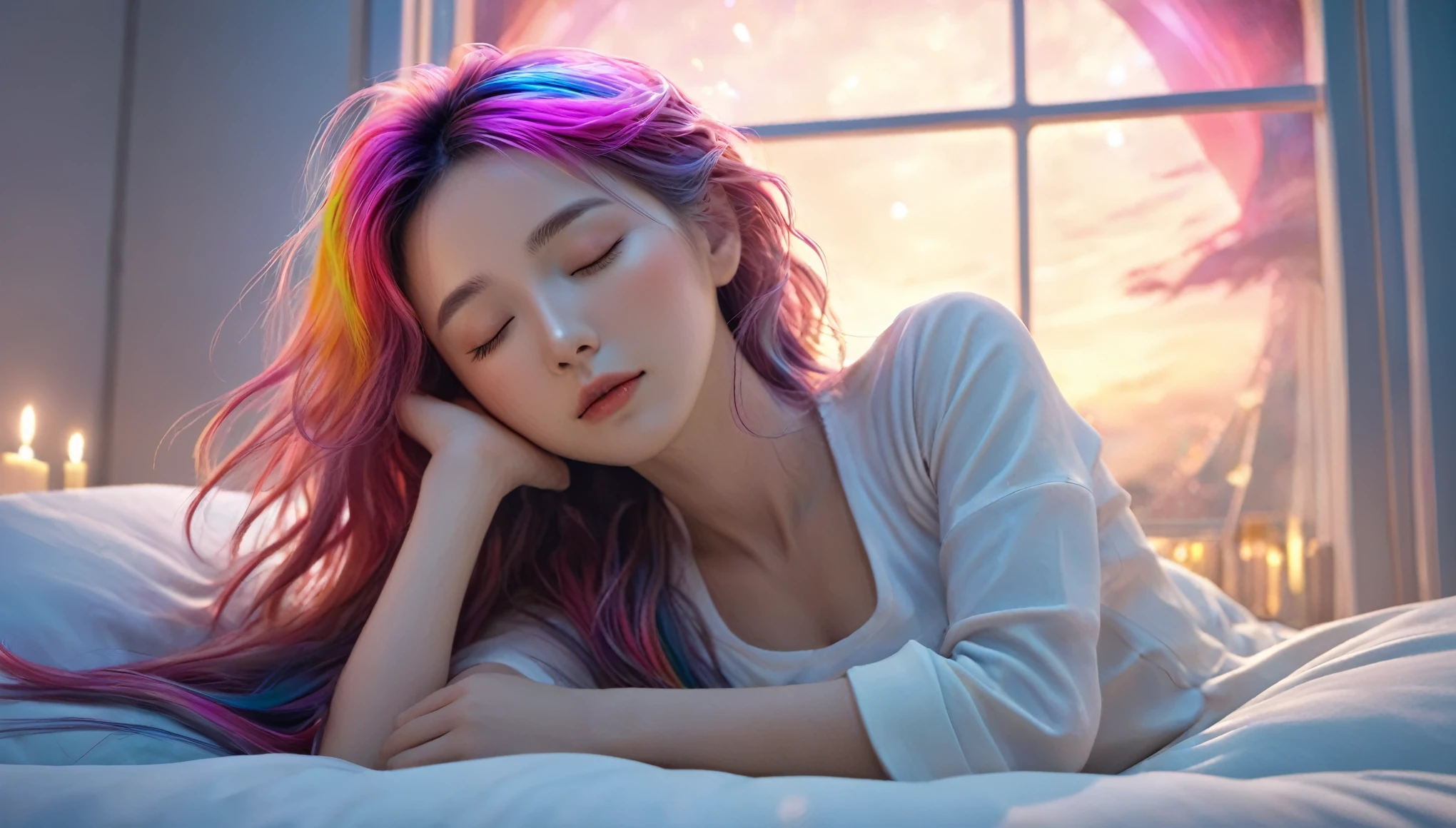 (best quality,8k,ultra-detailed:1.2),(CG,CG art,3D rendering),(masterpiece:1.2),(movie lighting,futuristic),(woman lying in bed,sleeping,closed eyes),(large window behind her,tranquil night),(colorful hair:1.5)