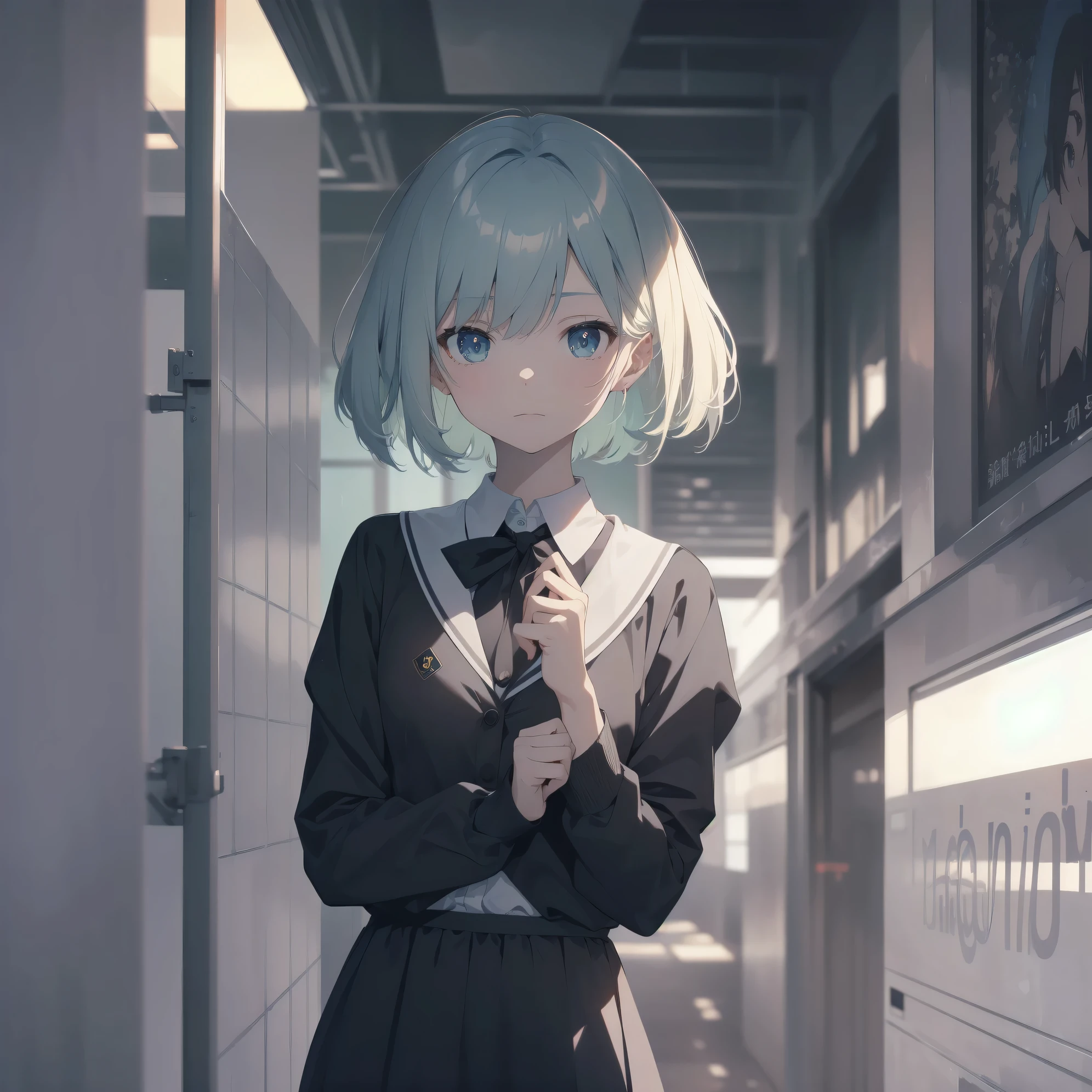 ultra-absurdres-Top quality by artist God, ultra-detailed, high resolution, anime moe artstyle, best anime 8k konachan wallpaper, pixiv contest winner, pool:2810, perfect anatomy,break, 1girl, (Please draw a girl walking sleepily to school alone. )break,(Solo,little female, 13-year-old:1.3),Full limbs, complete fingers,a junior high school student,  (very short hair), short cut, flat chest, , small butt, small black eyes, beautiful detailed eyes, well-proportioned iris and pupils, expressive eyes, highres detailed hair, soft expression, school_uniform, bowtie, collared shirt.  pleated skirt,(Detailed Lighting), (Detailed background), in the School commute route. break,super detailed skin, Best cinematic lighting powered by famous artist, 8k,beauty illustration,photoshop_(medium),very aesthetic,break,((artist:beni_shake )), artist:bolze ,artist:oyari ashito ,artist:kantoku ,