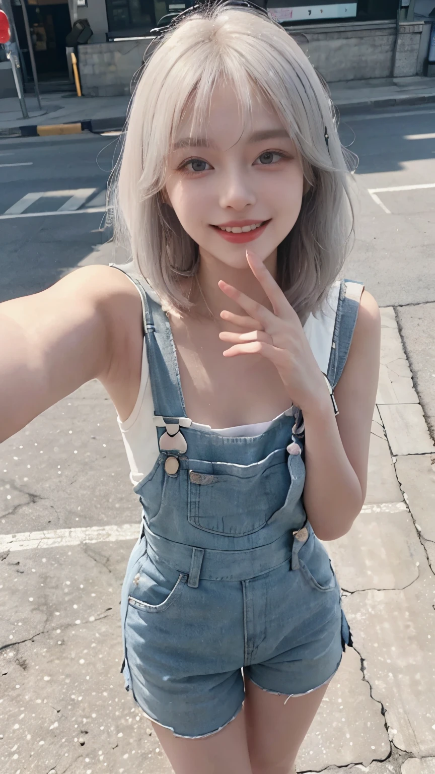 Best image quality、RAW Photos、超A high resolution、21 years old Korean、Small breasts、Dynamic Angle、Cowboy Shot、Chaos in its most beautiful form、elegant、Brutalist Design、Vibrant colors、Beautiful white hair、Short Bob、smile、fun、smile、Glowing White Skin、Beautiful eyes with random colors、Very thin lips、Beautiful eyes in every detail、length, Narrow eyes、Cheeks are pale pink、length eyelashes、Beautiful double eyelids、eye shadow、Bright white hair、Overalls、city、Photographed from diagonally above、Selfie、Full Body Shot、The chest is visible、