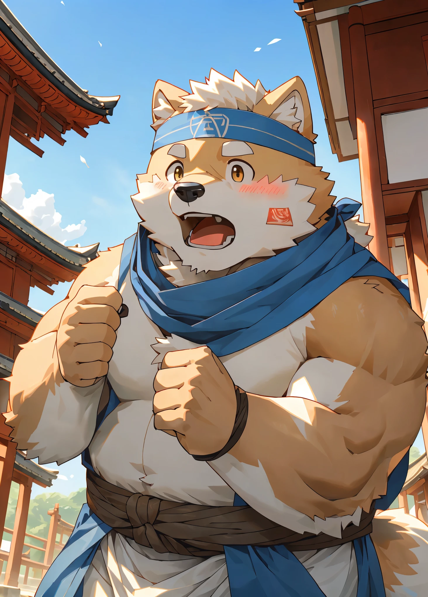 (masterpiece)，(Very detailed)，(best quality)，hairy，Shiba Inu，fur，white hair，Gray pupil，(Japan samurai attire)，((blue scarf))，((Brown Headband))，(blush:1.1)，(Open your mouth)，((A look of surprise))，Temple Background，8k，(high quality)，(Ultra HD)，(Super detailed)