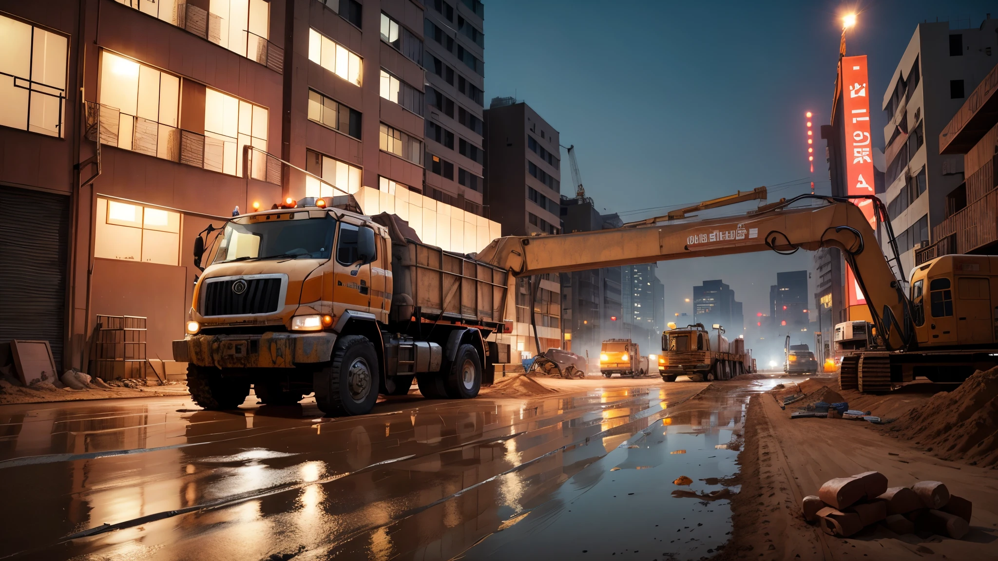 ((Scenes,建筑Construction Site,Late Night,)),Mud truck,Cement mixer truck,Construction Site,