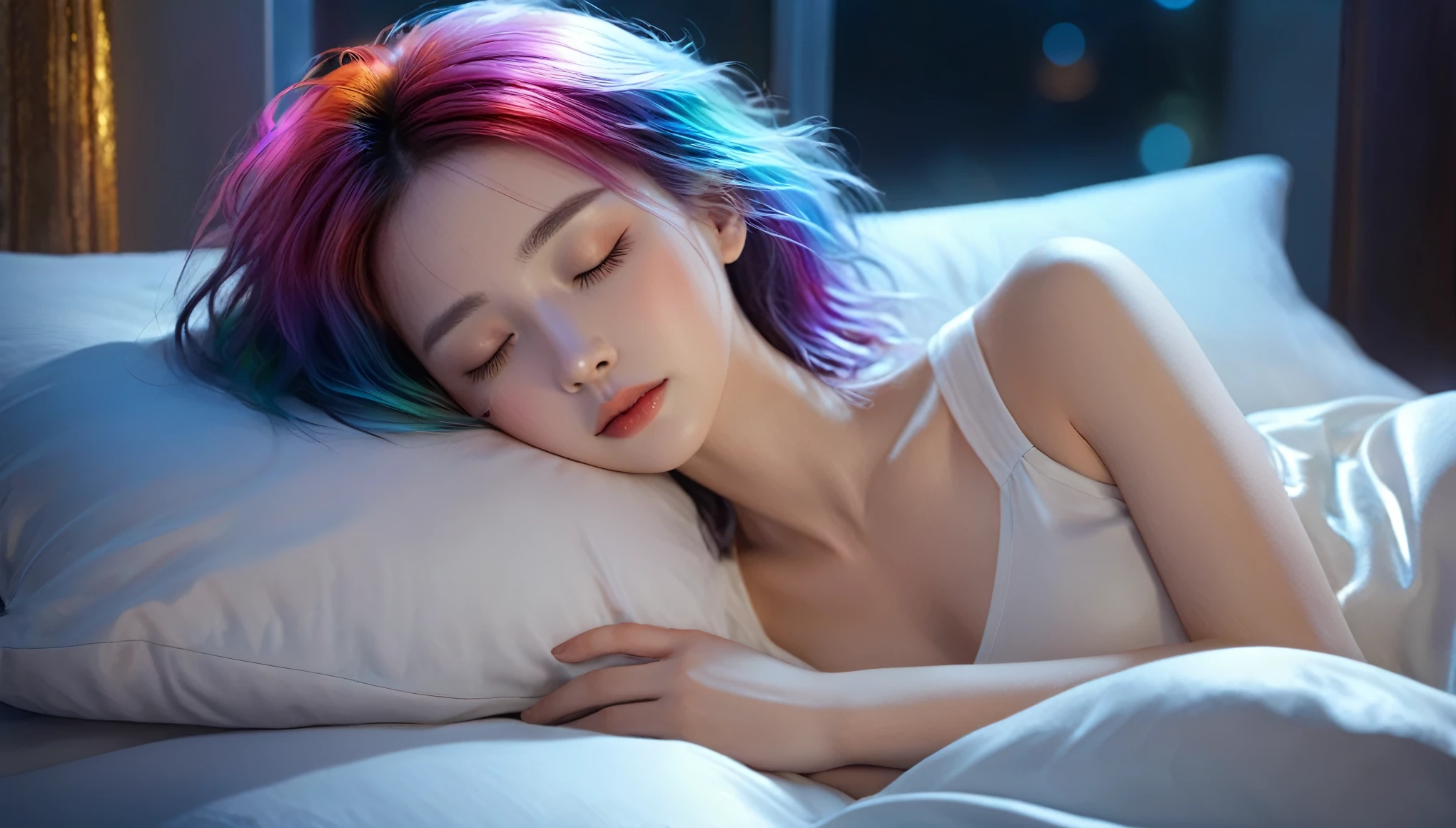 (best quality,8k,ultra-detailed:1.2),(CG,CG art,3D rendering),(masterpiece:1.2),(movie lighting,futuristic),(woman lying in bed,sleeping,closed eyes),(large window behind her,tranquil night),(colorful hair:1.5)