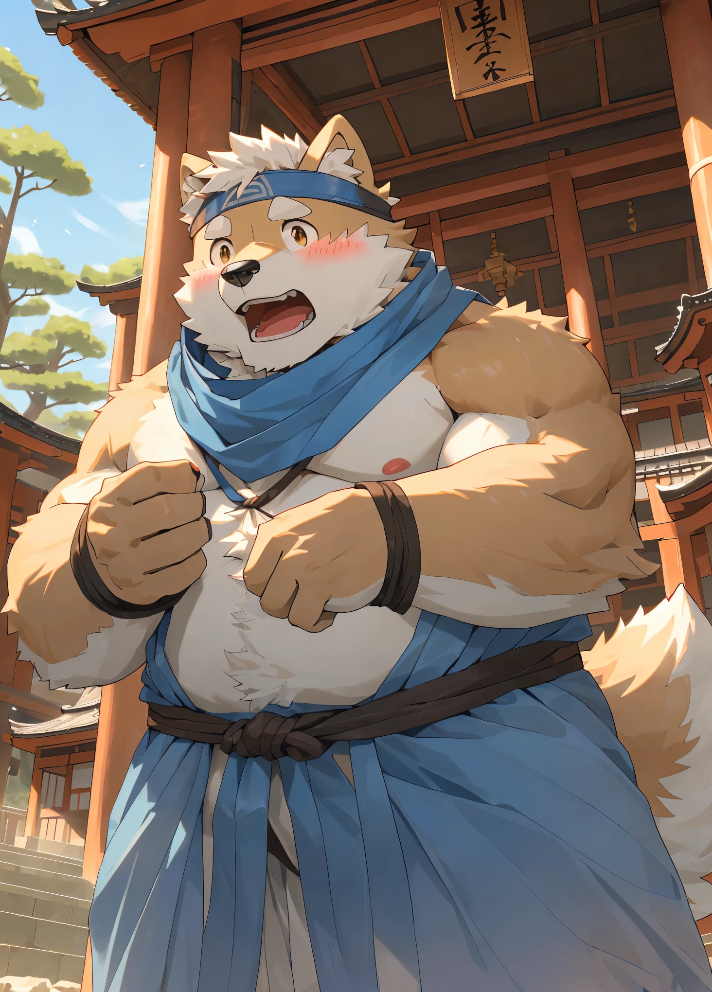 (masterpiece)，(Very detailed)，(best quality)，hairy，Shiba Inu，fur，white hair，Gray pupil，(Japan samurai attire)，((blue scarf))，((Brown Headband))，(blush:1.1)，(Open your mouth)，((A look of surprise))，Temple Background，8k，(high quality)，(Ultra HD)，(Super detailed)